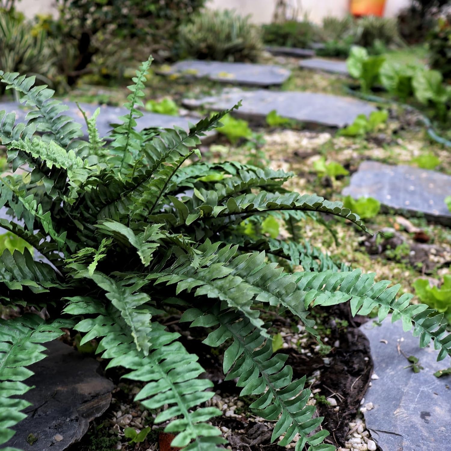 Large Artificial Ferns for Outdoor 49" Fake Boston Fern 49 Fronds Faux Ferns Plant Silk Greenery for Indoors Home Garden Porch Windowsill Decor (2 Stem)