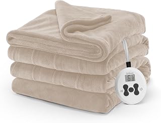 Sunbeam Electric Royal Luxe Microplush Heated Blanket, 12 Heat Settings, 12-Hour Selectable Auto Shut-Off, Fast Heating, Warm and Cozy, Mushroom Color, Full, 84" x 72"