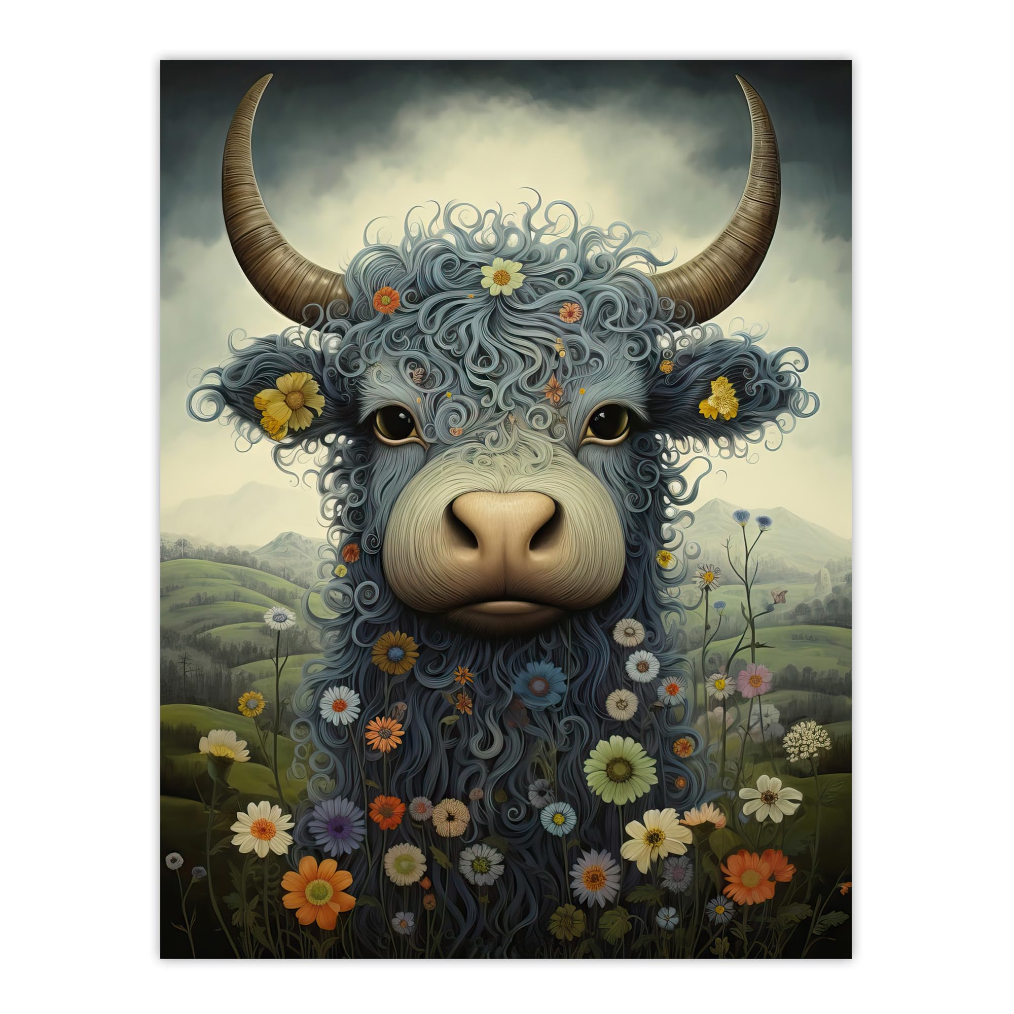 Artery8 Small Blue Highland Cow In Wildflower Meadow Fun Wee Blue Coo Artwork Extra Large XL Wall Art Poster Print