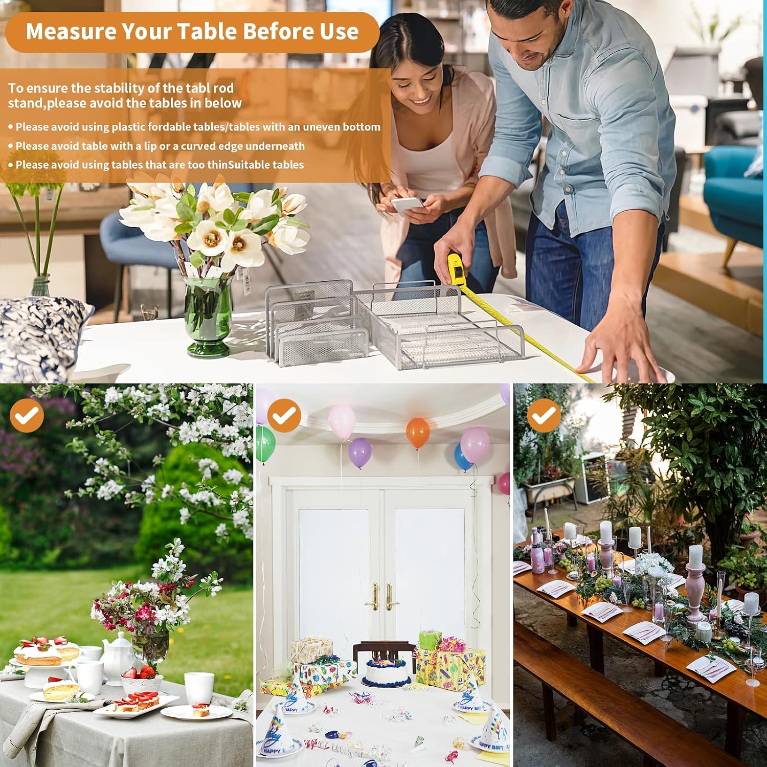 Over The Table Rod Stand with Clamps Adjustable Black Metal Table Arch 13''-42'' Tall 29"-92" for Wedding Birthday Anniversary Halloween Christmas Party Decor Supplies Balloon Stand (with Storage Bag)