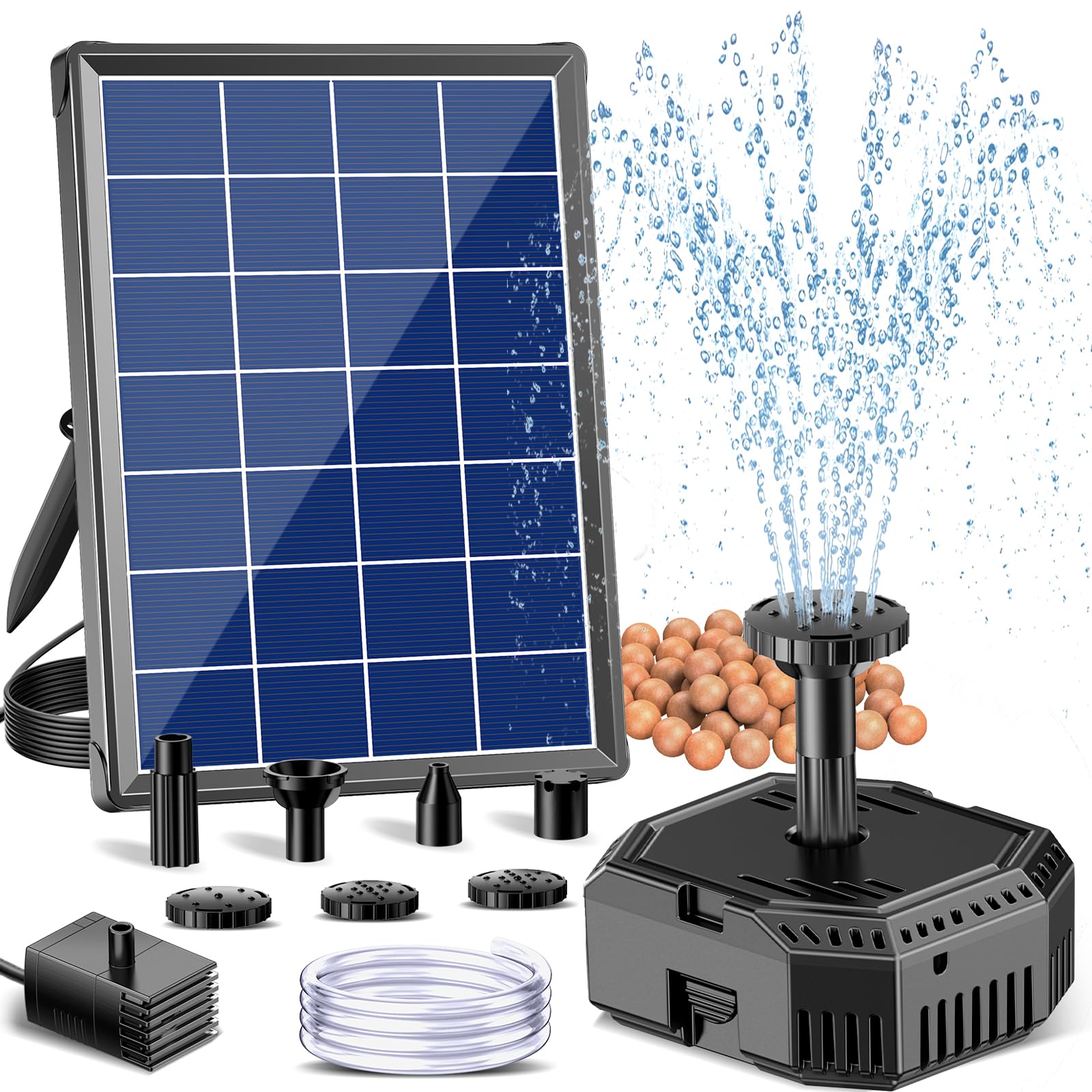 POPOSOAP【池フィルター&8種ノズル付き】ソーラー噴水ポンプ 透明パイプ1.5m 酸素供給・水循環 池/バードバス/噴水 ソーラー 循環ポンプ 池用 ビオトープ フィルター付き 庭園装飾用 【充電電池なし】