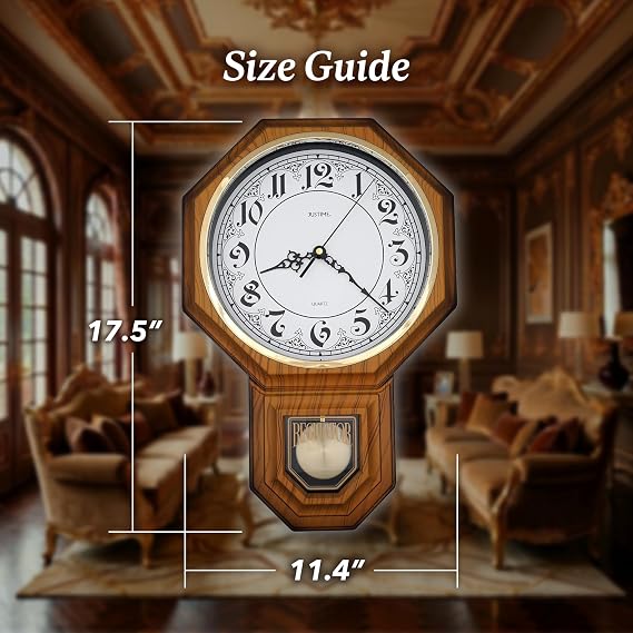 JUSTIME Pendulum Wall Clock with Westminster Chime, 17.5 Large Regulator Schoolhouse Wall Clocks Battery Operated, Vintage Chiming Clock with Nighttime Auto Shut-Off, Wall Decor for Living Room