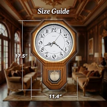 JUSTIME Pendulum Wall Clock with Westminster Chime, 17.5 Large Regulator Schoolhouse Wall Clocks Battery Operated, Vintage Chiming Clock with Nighttime Auto Shut-Off, Wall Decor for Living Room
