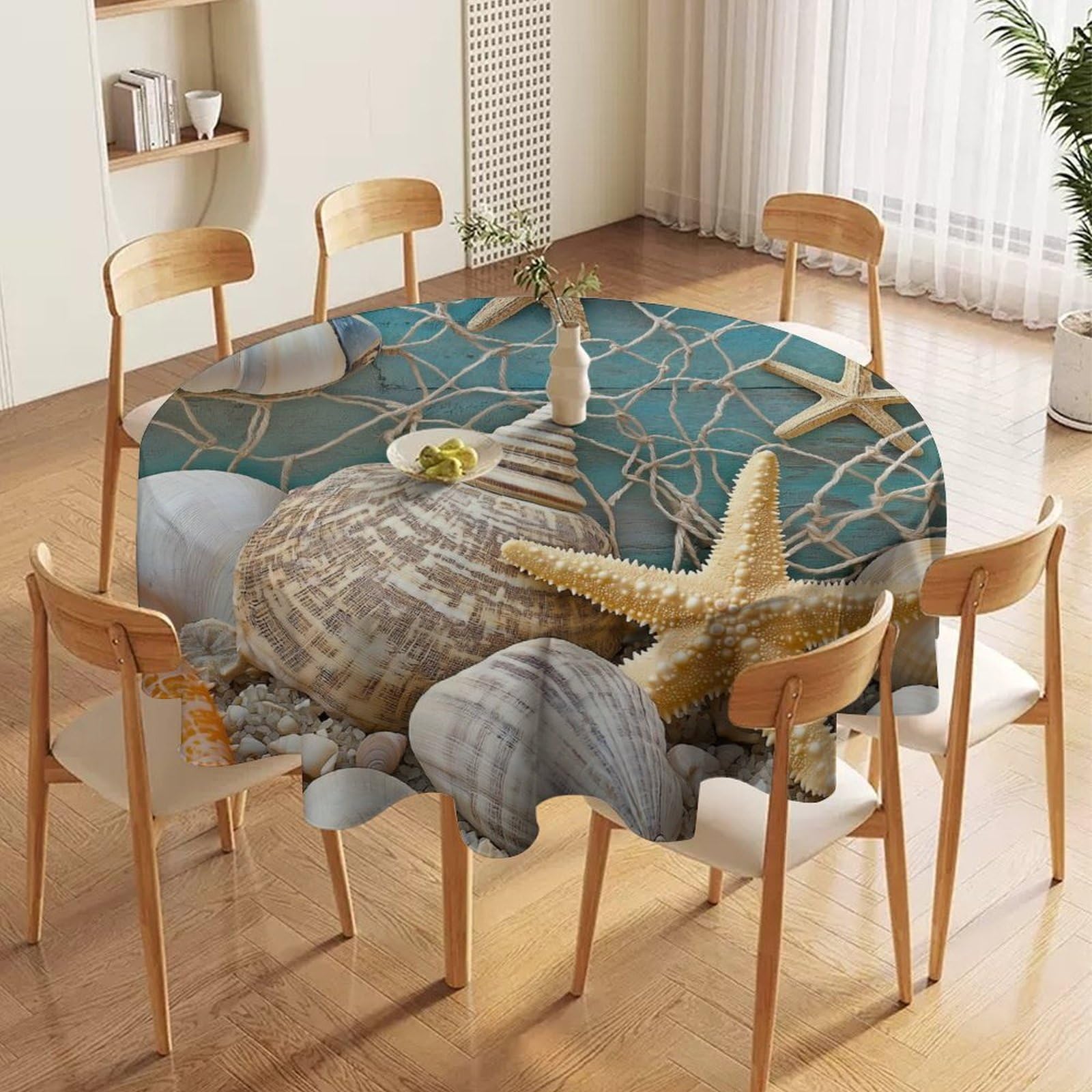 ORDOBO 3D Print Round Tablecloth - Starfish Shells Waterproof Dust-Proof 3D Print Table Cover For Dinner Kitchen Garden Fashion Home Countertop Decoration 127X127Cm