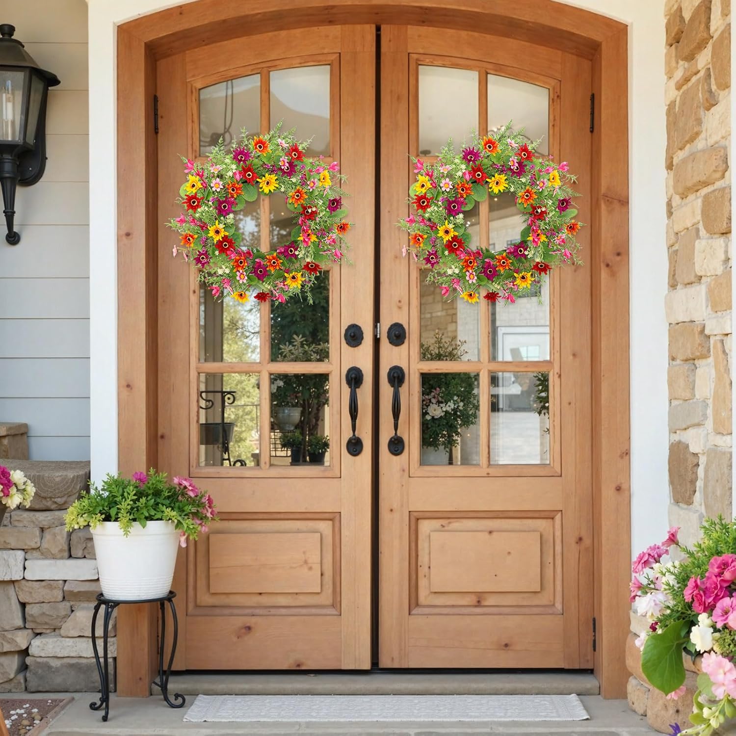 Spring Summer Wreaths for Front Door,22 Inch Artificial Spring Summer Daisy Wreath with Wildflowers,Ferns,Eucalyptus Leaves for Indoor Outdoor Wall Porch Festival Farmhouse Home Holiday Decor.