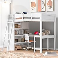 Vista 37 de Cama tipo loft de tamaño matrimonial con escritorio en forma de U, 1 armario y 2 cajones, 4 estantes de almacenamiento, marco de cama de madera