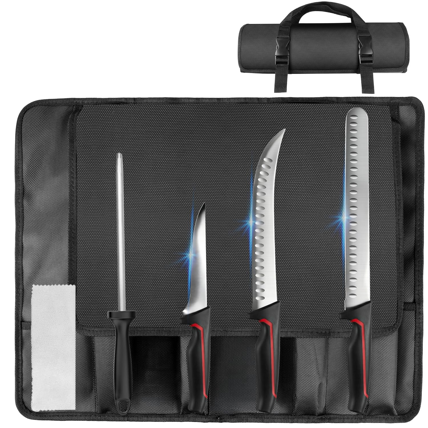 MOSFiATA Set Coltelli Macellaio con Borsa Trasporto: Coltello Prosciutto 30cm, Macellaio 25cm, Disossatore 15cm, Acciaino Affilatore, Ideale per Uso Domestico Cucina e Barbecue All’Aperto