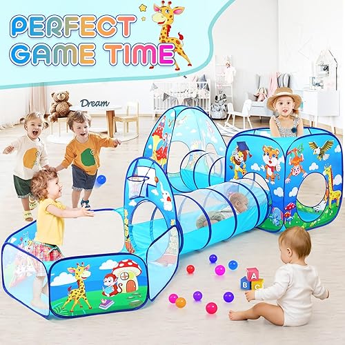 Miniatura 4 de Tienda de campaña de juego para niños pequeños de 5 piezas con 1 hoyo de pelotas de bebé, 2 túneles de gateo para bebés, 2 tiendas de campaña