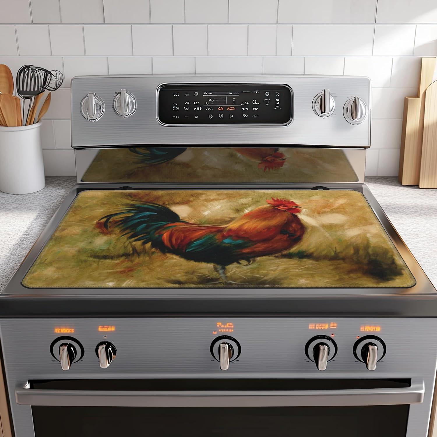 Stove Top Cover for Electric Stove,Retro Farmhouse Roosters Anti-Slip Heat Resistant Rubber Flat Top Oven Cover Mat, Dish Drying Mat 28.5'' x 20.5''