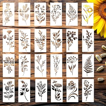 LLOUSSAK 24Pcs Flower Stencils for Painting, Leaf Stencil for Flower Leaf Crafts, Plant Painting Stencils for Crafts Reusable Art Wood Wall Door Canvas Home Decor5.9" x 2.95"