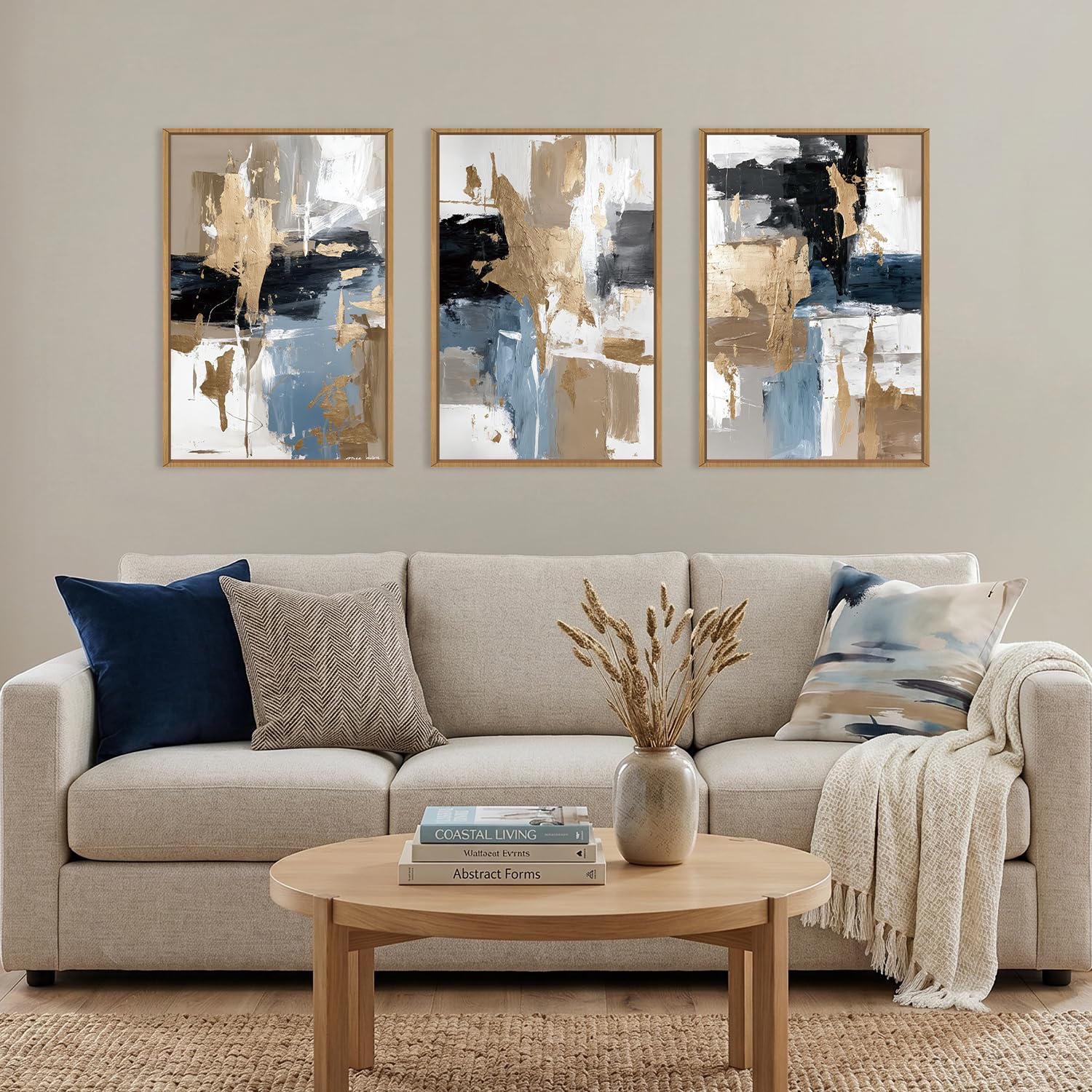 KAIRNE Blue and Gold Abstract Framed Canvas Wall Art Set,Minimalist Brush Strokes Wall Decor,Modern Textured Art Prints,Neutral Brown Black Artwork for Living Room,Bedroom,Farmhouse,Office-24 x36 x3
