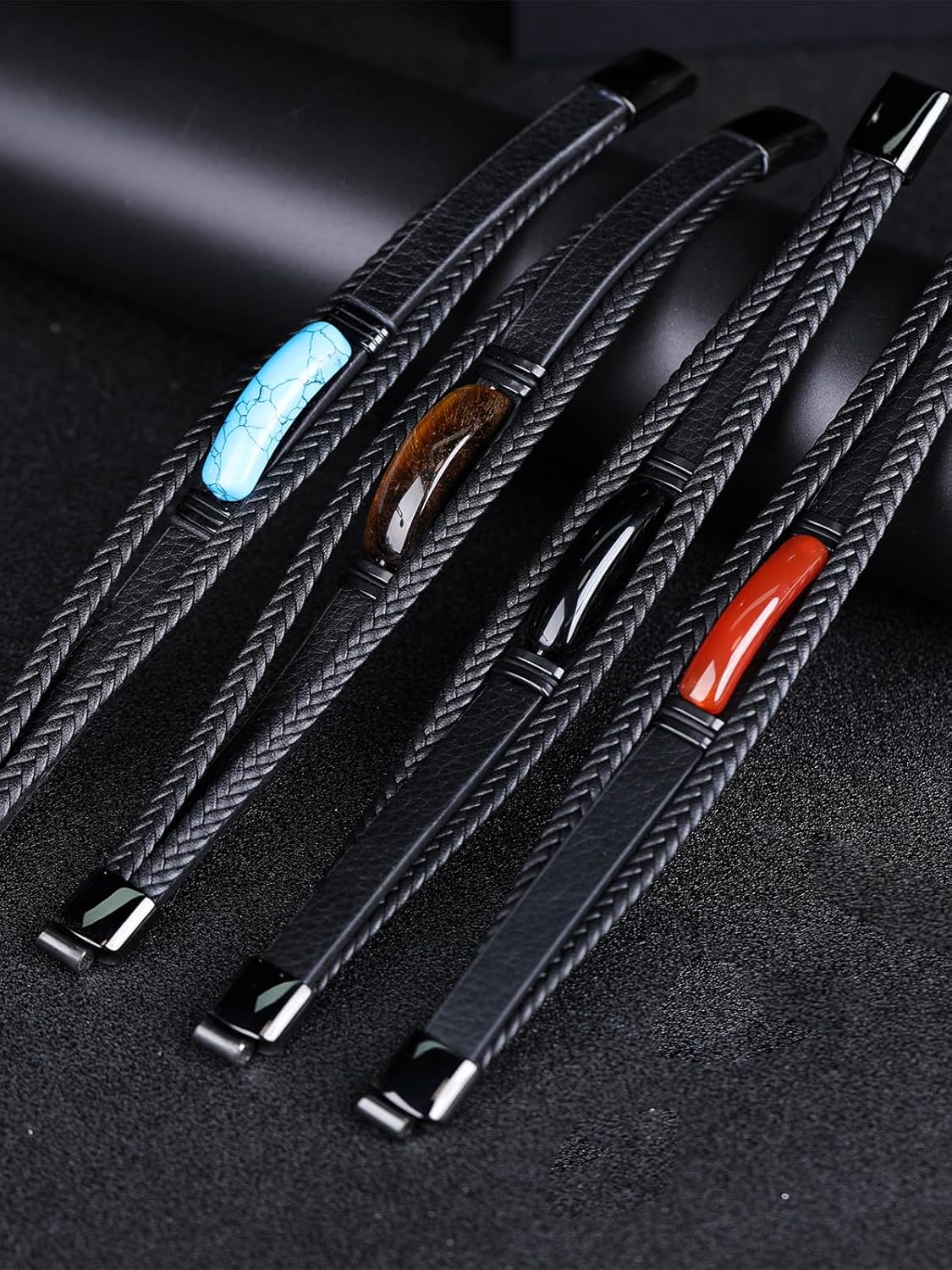 Mens Black Leather Obsidian/Turquoise/Tiger Eye/Red Agate Bracelet–Braided Multi‑Layer Wristband Cuff Bangle Bracelet with Stainless Steel Clasp Gift Jewelry Box Included-8.3in - Image 5