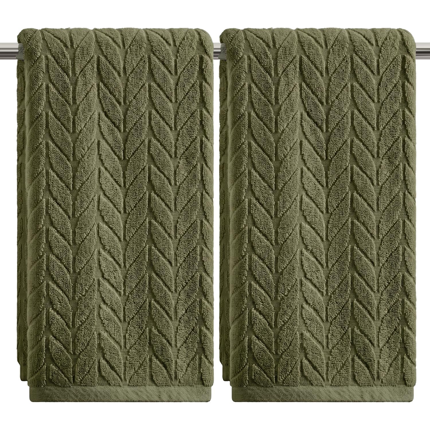 Artoid Mode 2PCS Olive Green 3D Herringbone Stripe Hand Towels 35 x 75 cm