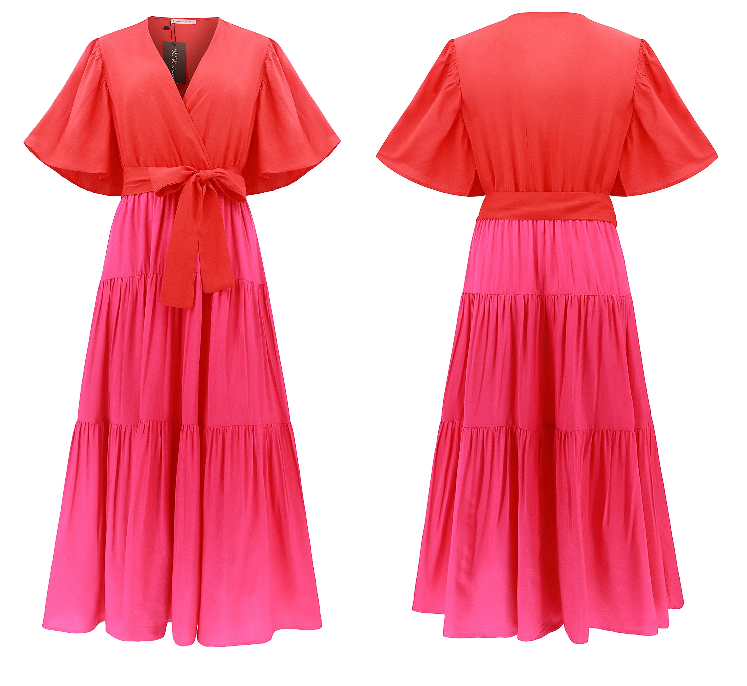 R.Vivimos Summer Dress for Women Cotton Ruffle Short Sleeves V Neck Casual Flowy Midi Dress with Belt