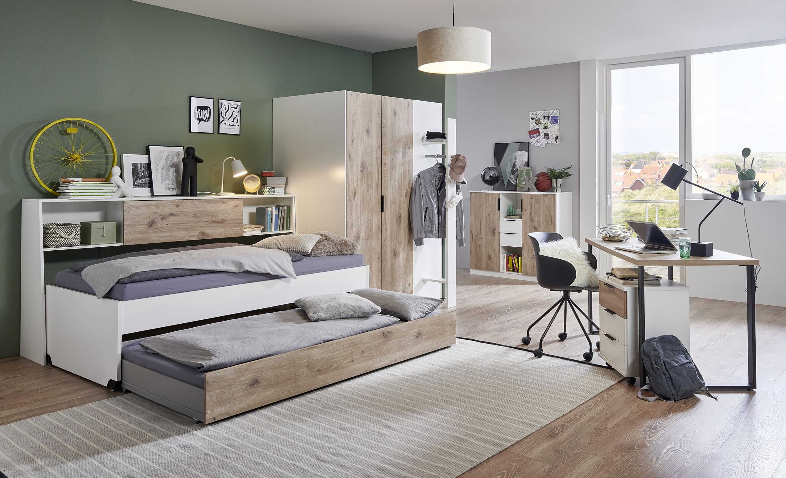 Jugendzimmer Norderney – Kinder- und Jugendzimmer in Weiß oder Weiß und Viking Oak mit großartigem begehbarem Kleiderschrank - Verschiedene Set Varianten (8 teilig in Weiß und Viking Oak)