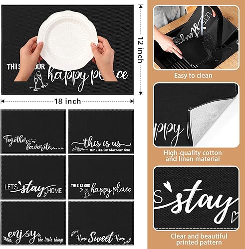 Miniatura 2 de Juego de 6 manteles individuales de lino de 18 x 12 pulgadas, manteles individuales rústicos con refranes, regalos de inauguración de la casa,