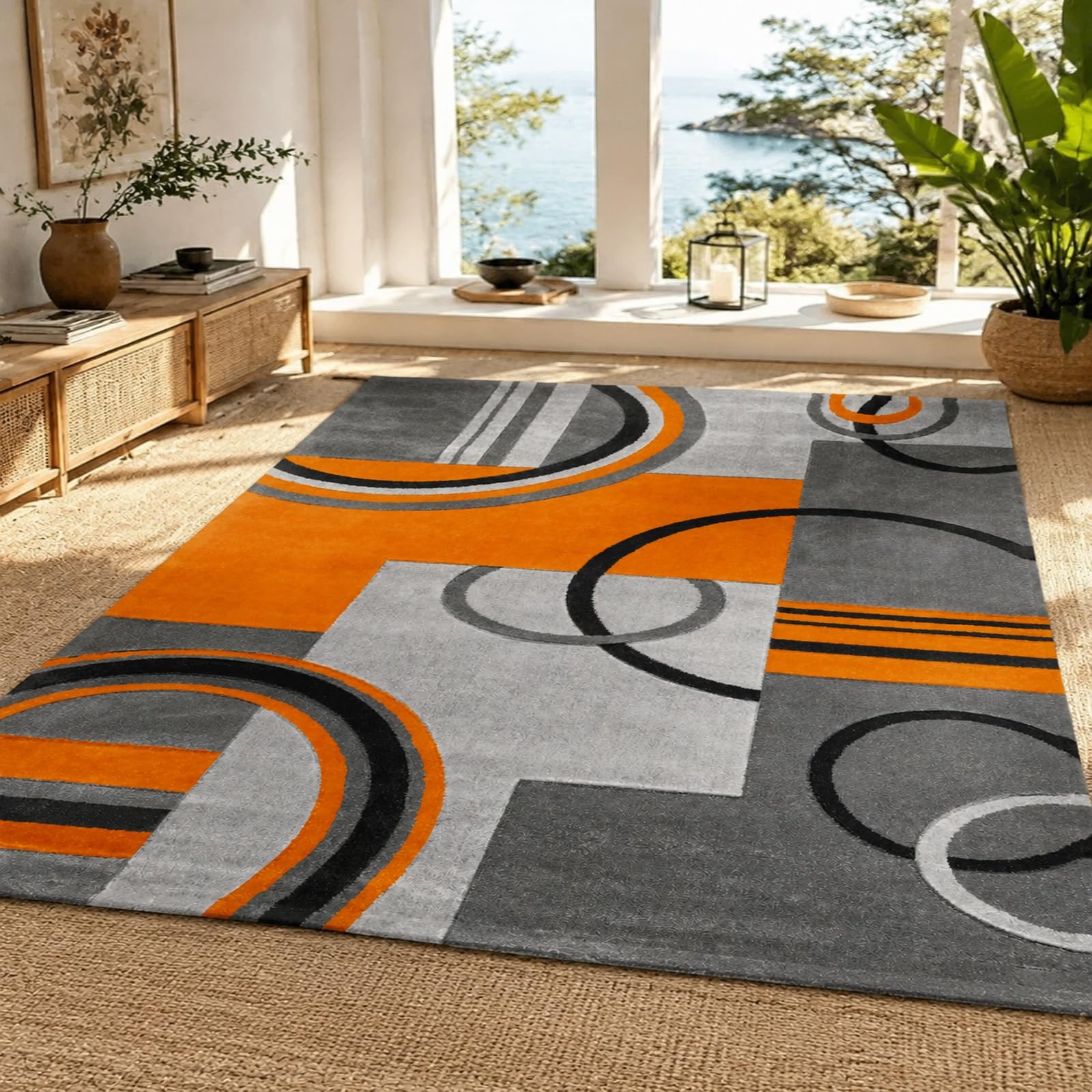 Tapis Salon, 120 x 170 cm, Abstrait géométrique Moderne Orange Gris Noir Blanc, Décoration Maison intérieur pour Salon Canapé, Table Basse, Bureau Table,
