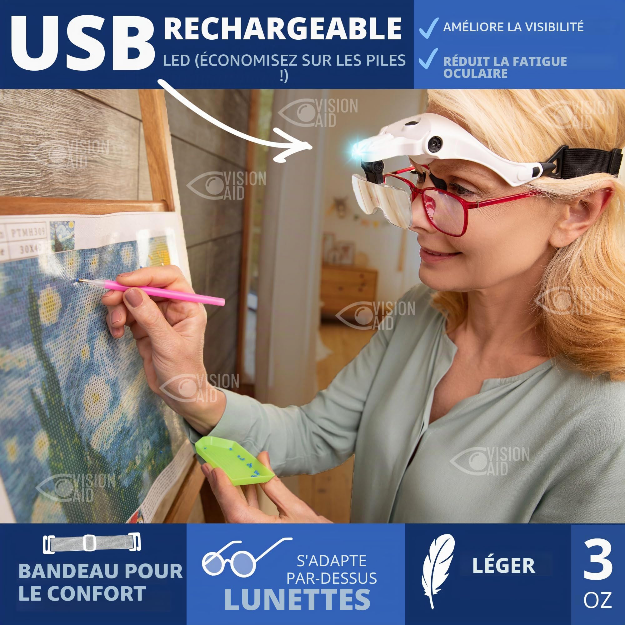 Lunettes loupe Vision Aid avec lumière LED, 5 verres, mains libres pour point de croix et peinture diamant