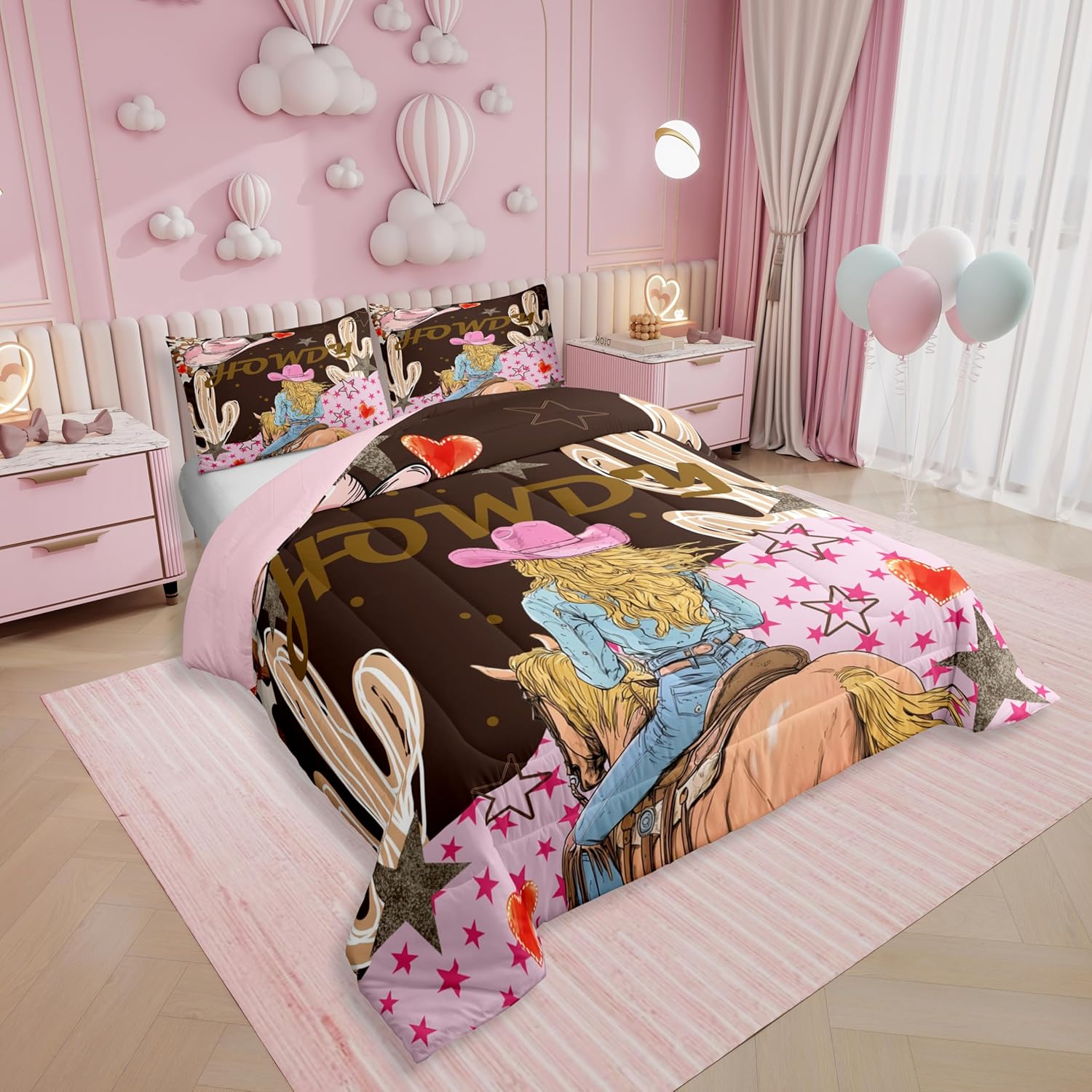 Erosebridal Western Queen Comforter Set,Cowboy Cowgirl Hat Howdy Bedding Set for Girls Women Room Decor,Wild West Horse Quilt Set Boho Cactus Exotic Bedding Comforter Sets,2 Pillowcases