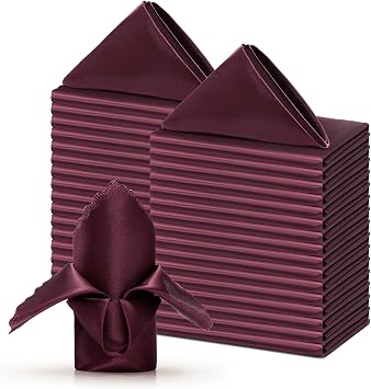 Burgundy Satin Napkins - 16 Pack, 17x17 Inches, Scalloped Elegant Square Table Napkins for Restaurant, Weddings, Banquet, Party