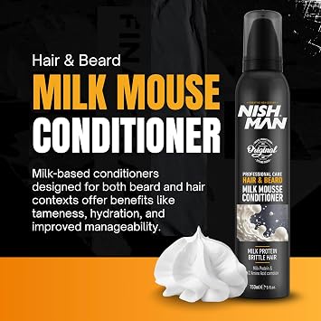NISHMAN Hair & Beard Milk Mousse Conditioner 200ml - Leave-In Treatment for Dry & Brittle Hair with Milk Protein & 12 Amino Acids - Lightweight Repairing Mousse for Men