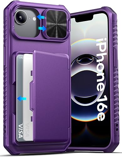 ATATOO Funda para iPhone 16e, tarjetero integrado (almacena 3-5 tarjetas) y cubierta de cámara deslizante y bloqueo RFID, protección de grado