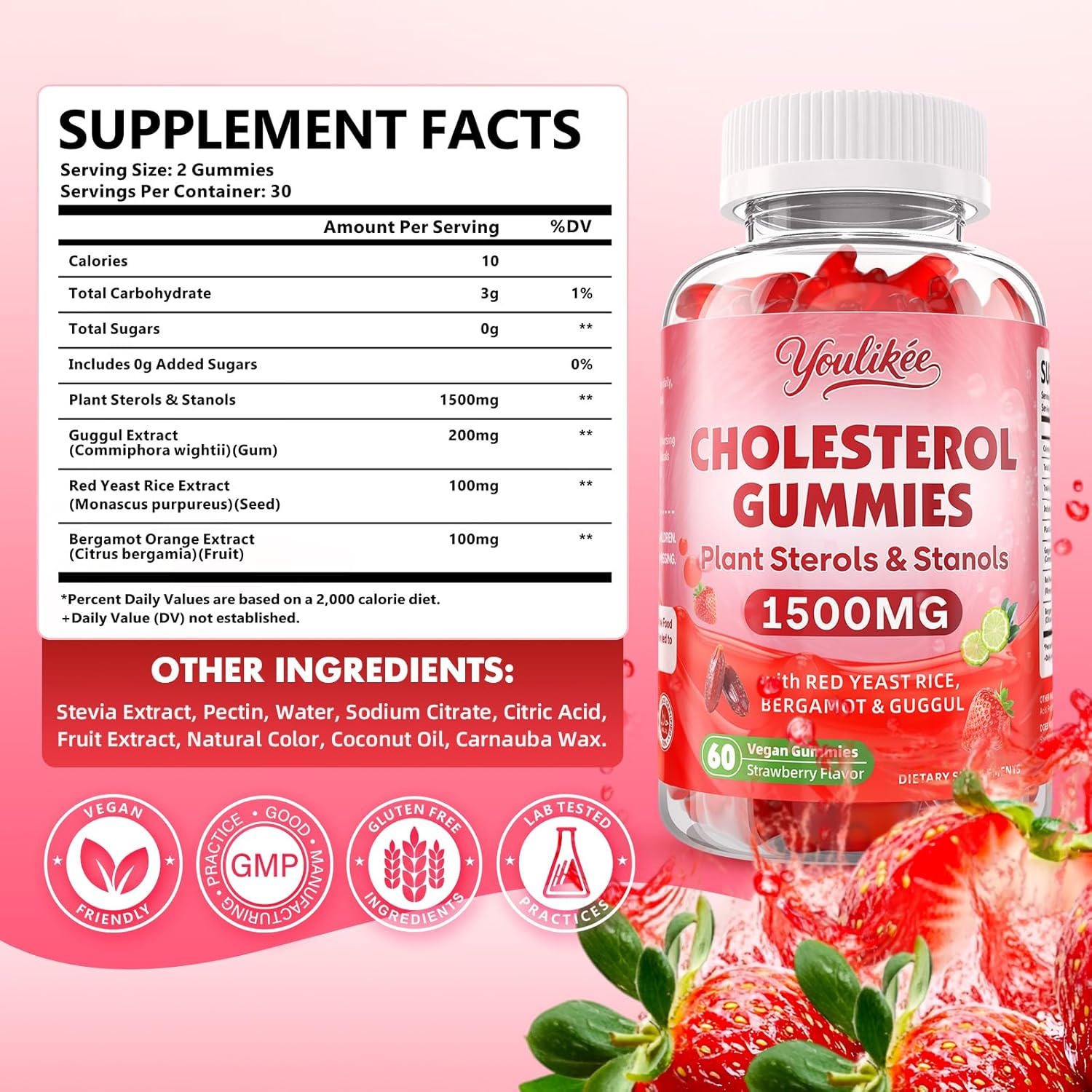 2 Pack Cholesterol Supplements Gummies with Plant Sterols & Stanols, Guggul, Bergamot Orange, Red Yeast Rice, Cholesterol Complex Gummies, Sugar Free, Strawberry Flavor, 120 Count - Image 2