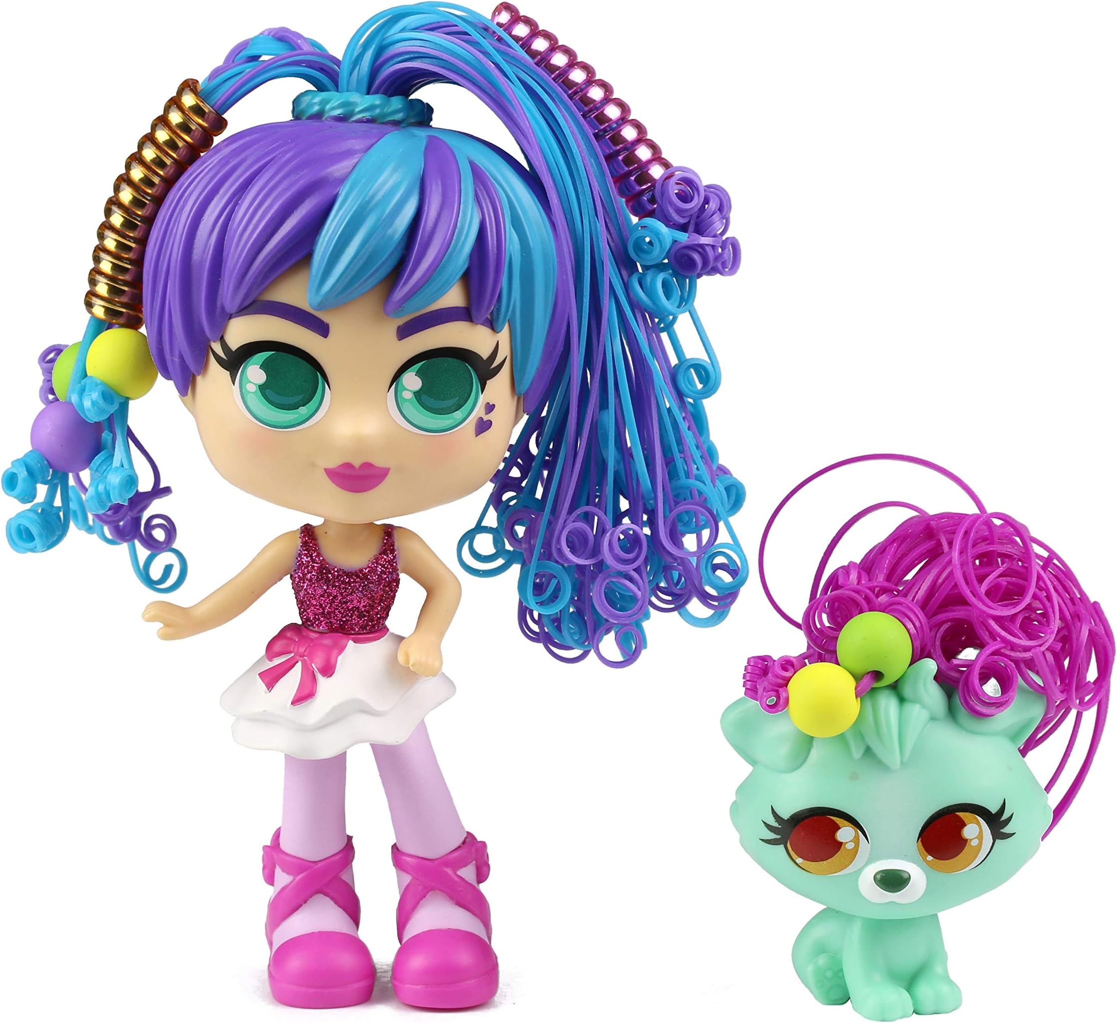 CURLIGIRLS 82098 Rosli & Koda - Magic Hair for Infinite Hairstyles - Gift for Girls - Includes Accessories - Doll 15 cm - Animal 6 cm