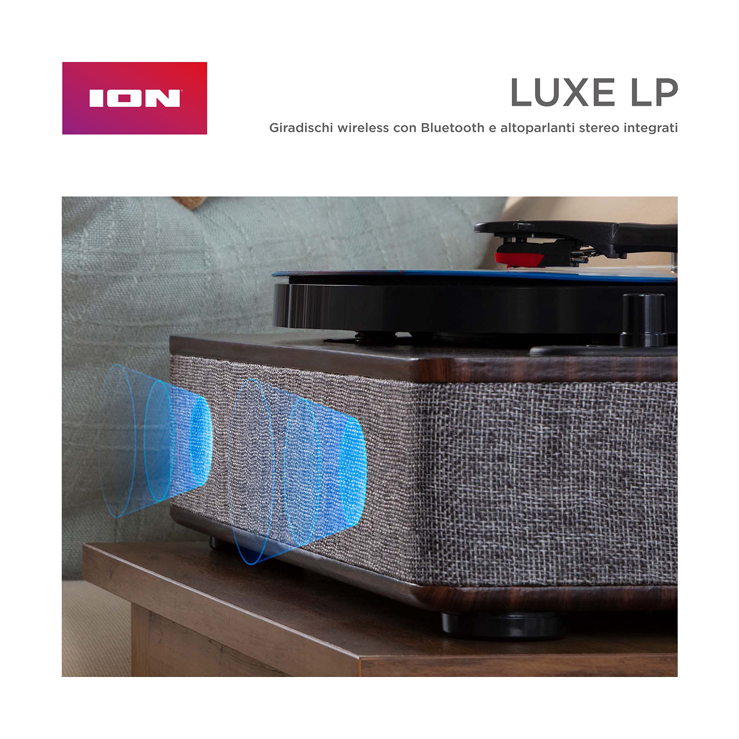 ION Audio Luxe LP - Giradischi Vinili Bluetooth con Casse, Conversione USB, Piatto Full Size, Funzione Auto-Stop, Uscita Cuffie e 3 Velocità, Marrone | Conversione USB, piatto di dimensioni intere, arresto automatico, uscita cuffie, 3 velocità