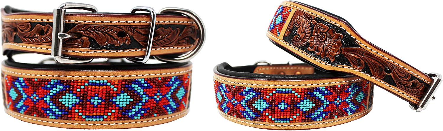 Large 21''- 25'' Hand Tooled Beaded Padded Leather Dog Collar 60165