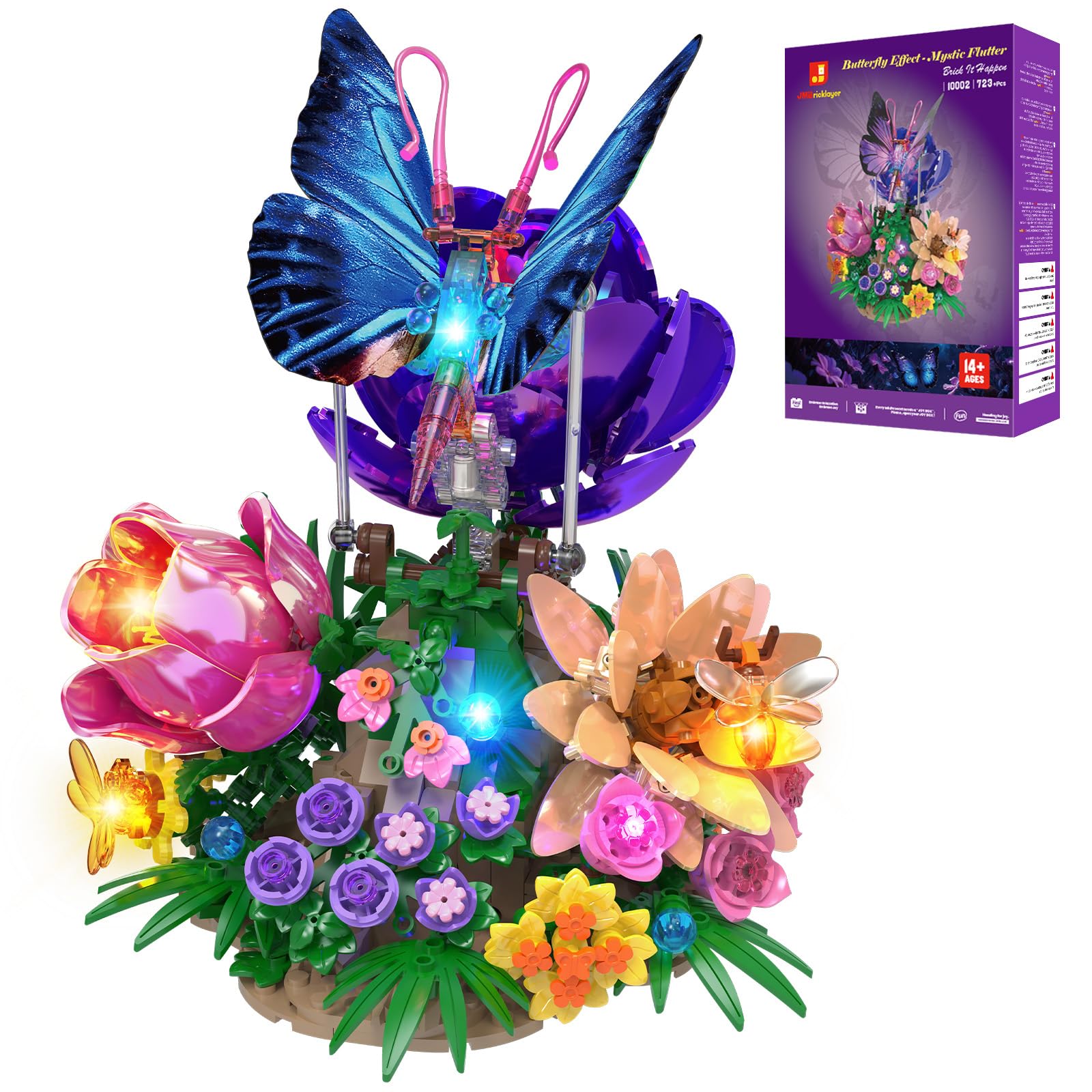 JMBricklayer Butterfly Flowers Building Block Adults Woman with Lights and Movable Wings, Artificial Botanicals Garden Insect Collection Brick Toy Kits, Creative Gift for Mom Girlfriend Wife Festival