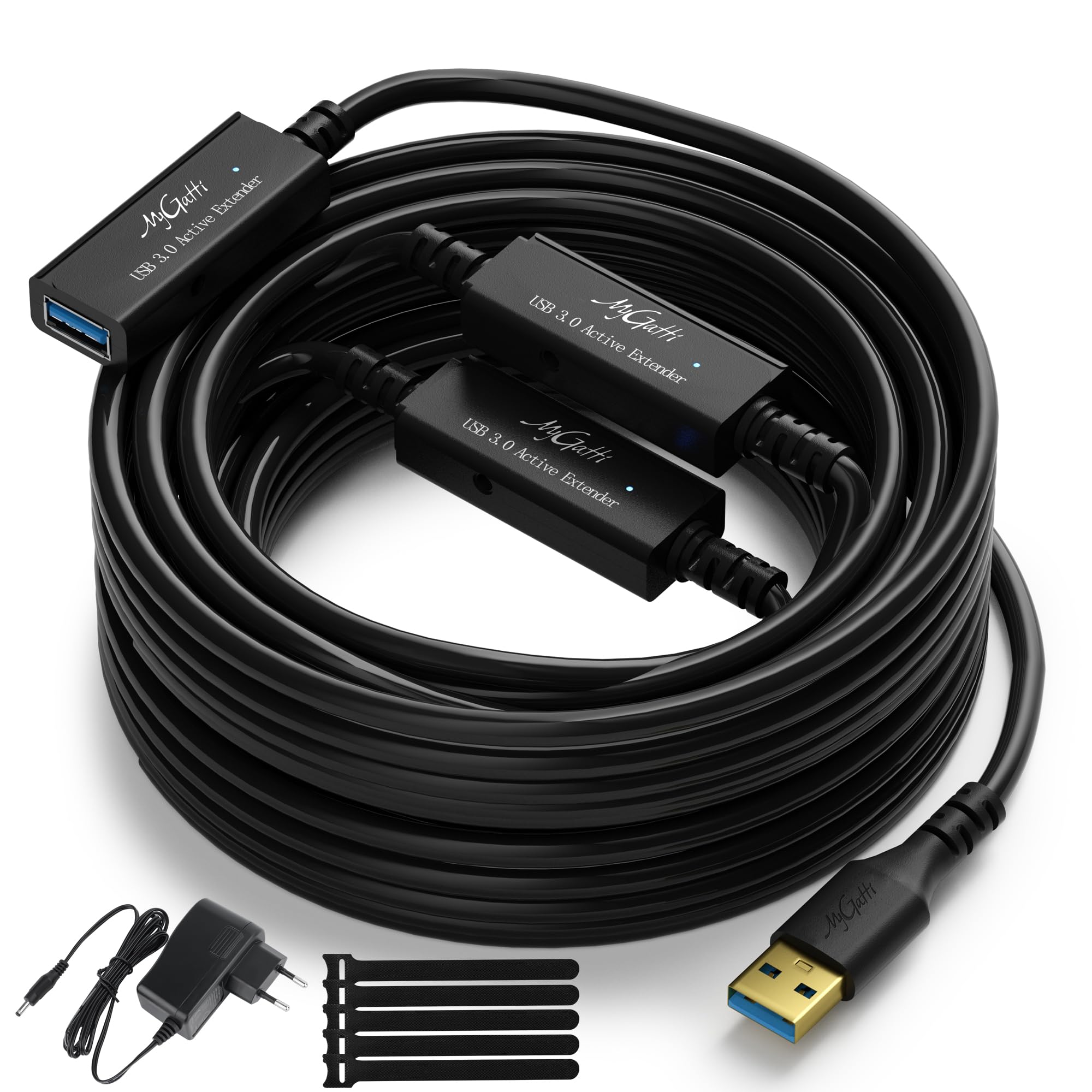 20 metros Cable de extensión activa USB 3.0,USB tipo A 5 Gbps macho a hembra,22 AWG,con 3 amplificadores de señal y enchufe de alimentación de CC,Cable repetidor,con 5 bridas