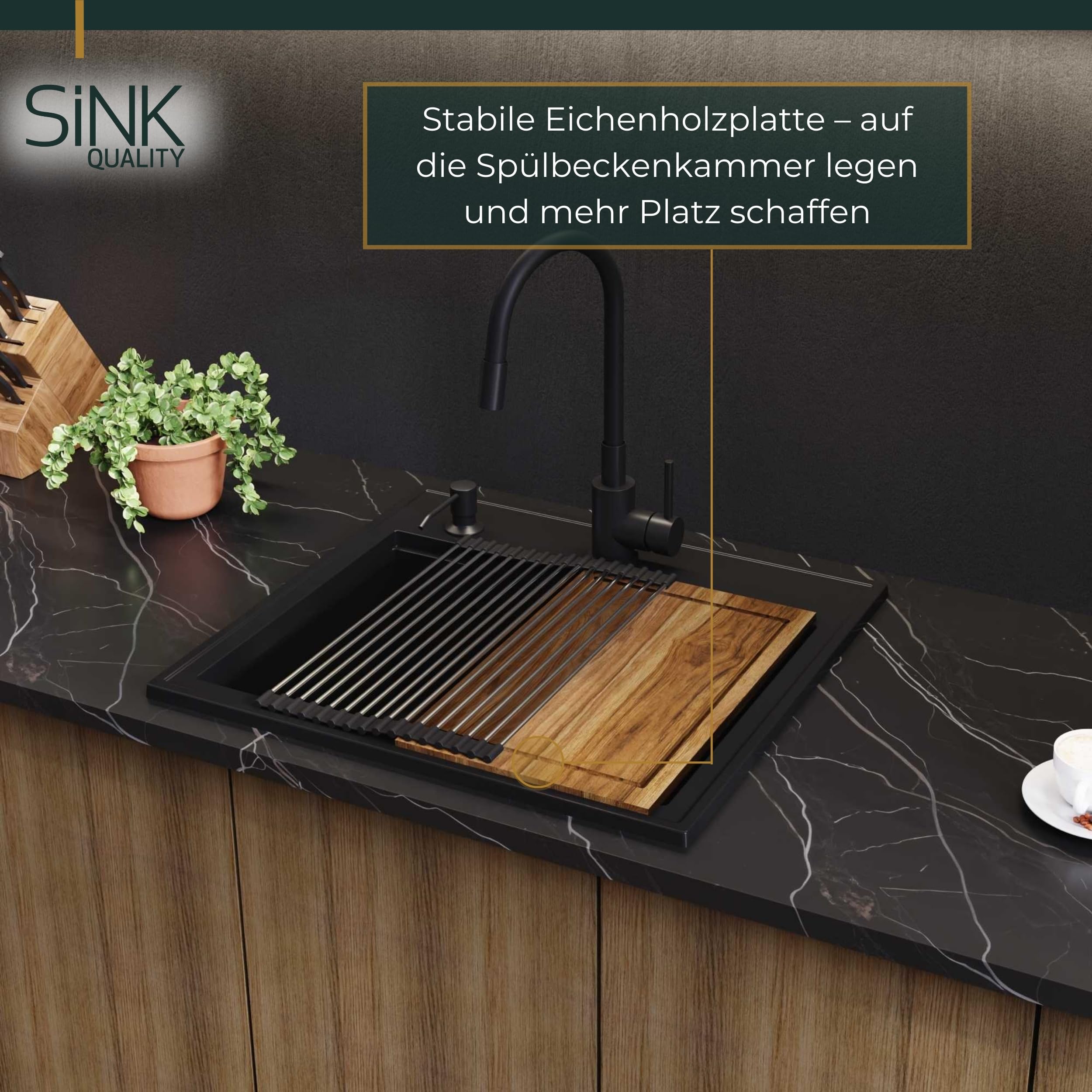 SINK Quality zlewozmywak biały granit 56 x 51 cm – nowoczesny zlewozmywak kuchenny z deską do krojenia, syfon, złoty, ociekacz, środek impregnujący, zlewozmywak do zabudowy, umywalka pojedyncza do