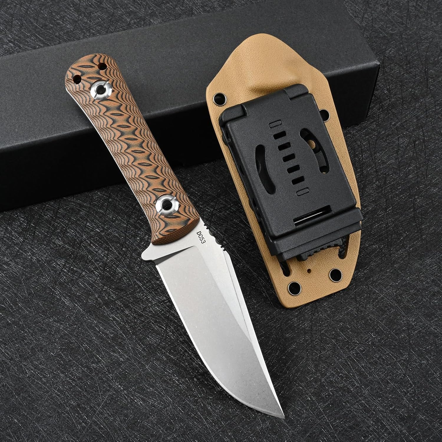 Knives DC53 Steel EDC Tactical Fixed Blade Knife G10 Handle with kydex sheath for Men Camping Survival Hunting Outdoor (White+Brown)