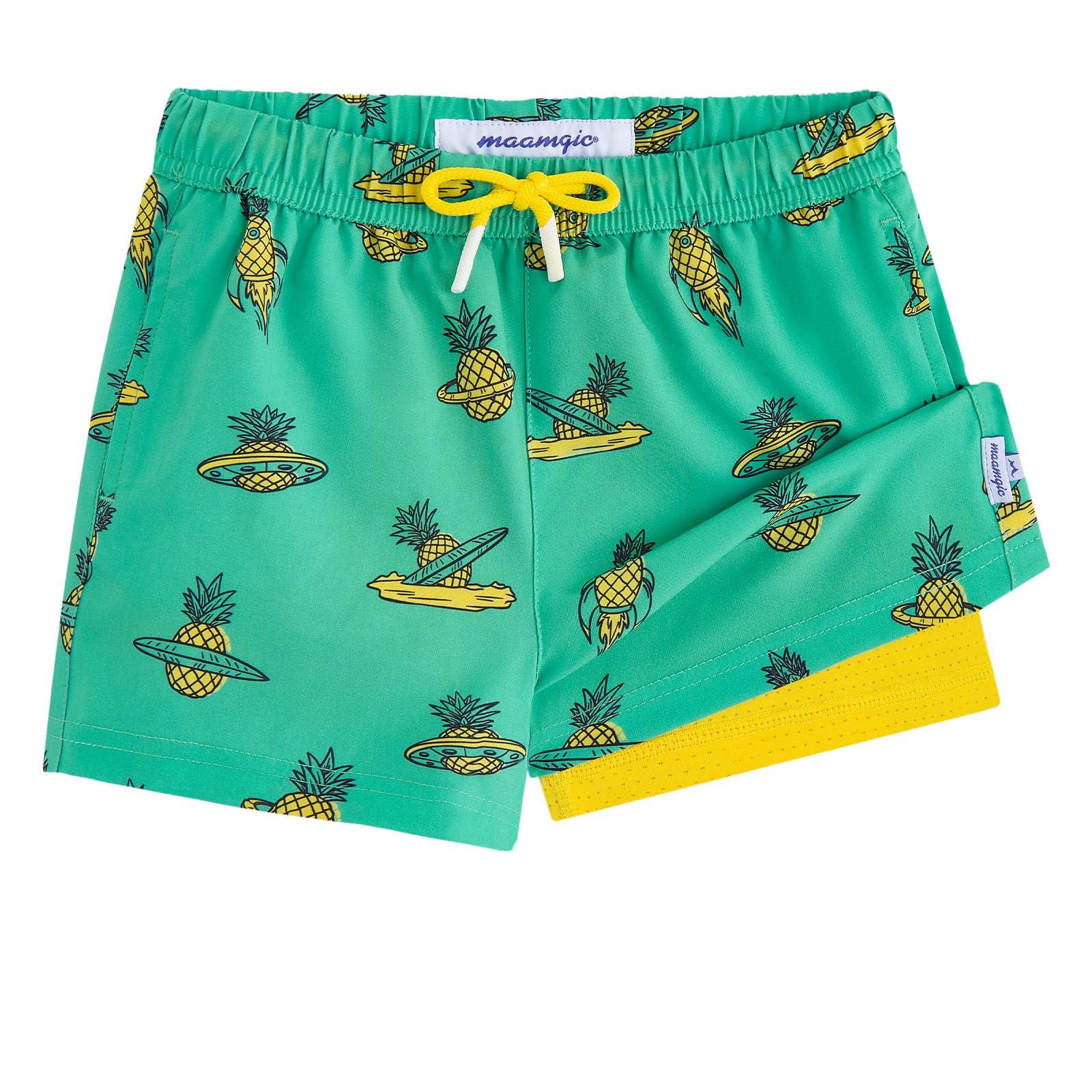 MaaMgic Badehose Jungen Badeshorts Kinder | Schnelltrocknend Schwimmhose Kurz Swim Shorts für Kleine | 2 in 1 Boardshorts mit Kompression Innenhose Taschen Verstellbare Tunnelzug MEHRWEG