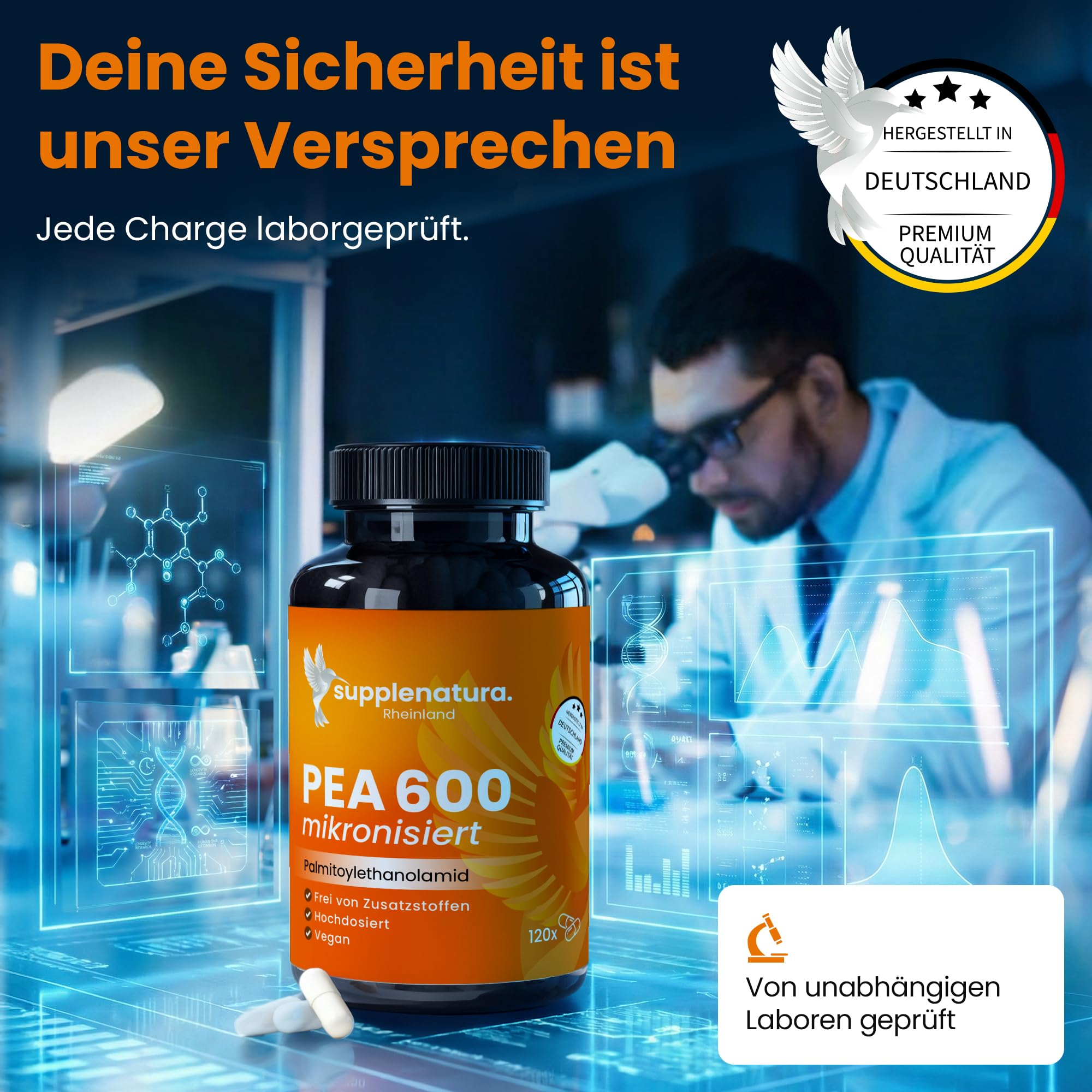 PEA Kapseln | MIKRONISIERT: 1200mg Palmitoylethanolamid pro Dosis | 120 Kapseln | 100% Pure Pea, Laborgeprüft | Produziert in Deutschland - SUPPLENATURA®