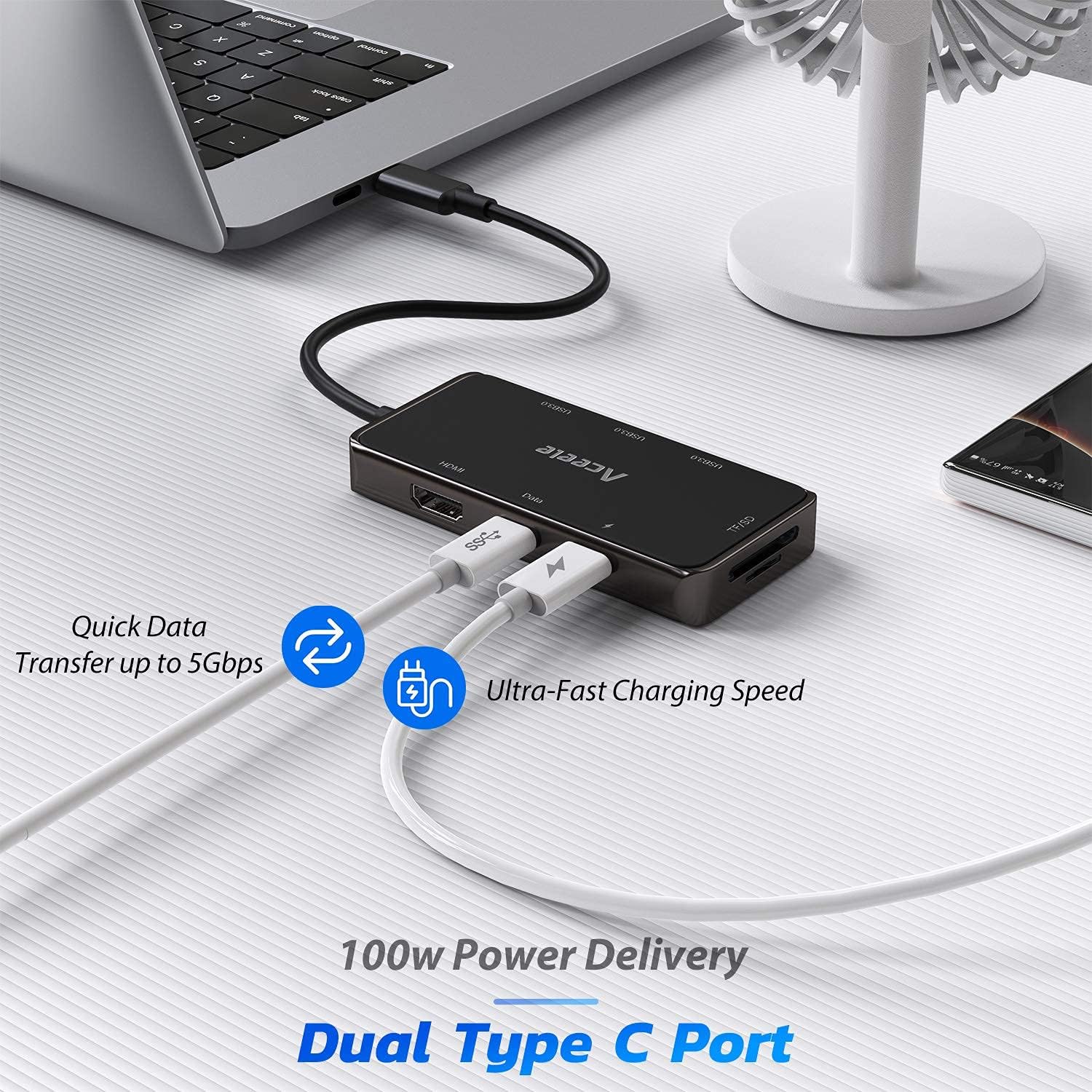 Free Shipping Over $50 Aceele USB C Hub Multiport Adapter, USBC 3.1 Dongle with 4K HDMI, 100W Power Delivery Charging, RJ45 Ethernet LAN, USB Ports, SD/TF Card Reader for Thunderbolt 3 MacBook Pro, XPS 13, Type C Laptop