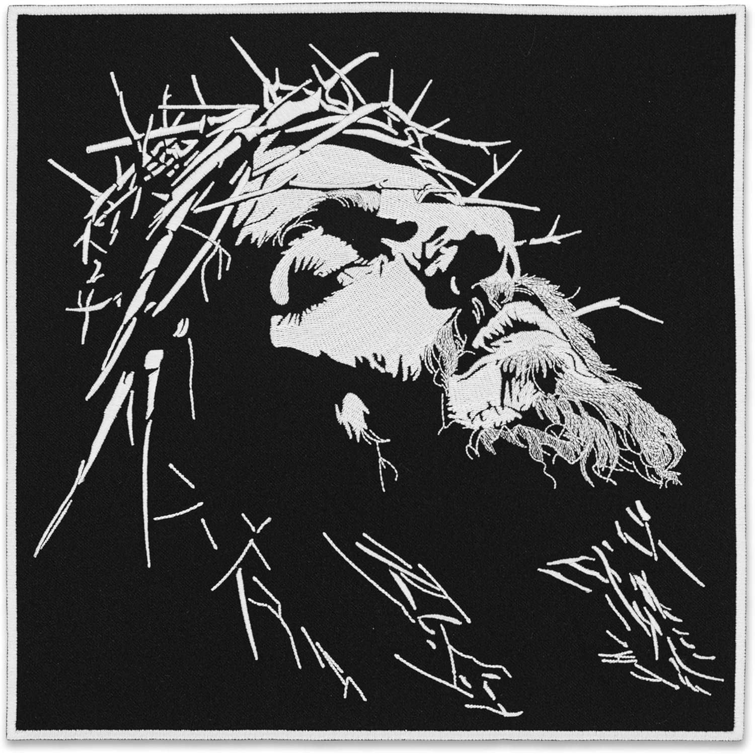 EMBROVERSE Black and White Jesus Embroidered Large Patch - Christian Apparel Accessory for Denim Back Jacket, Religious Art Patch Gift, Iron-On, 11.6 x 11.6 inches