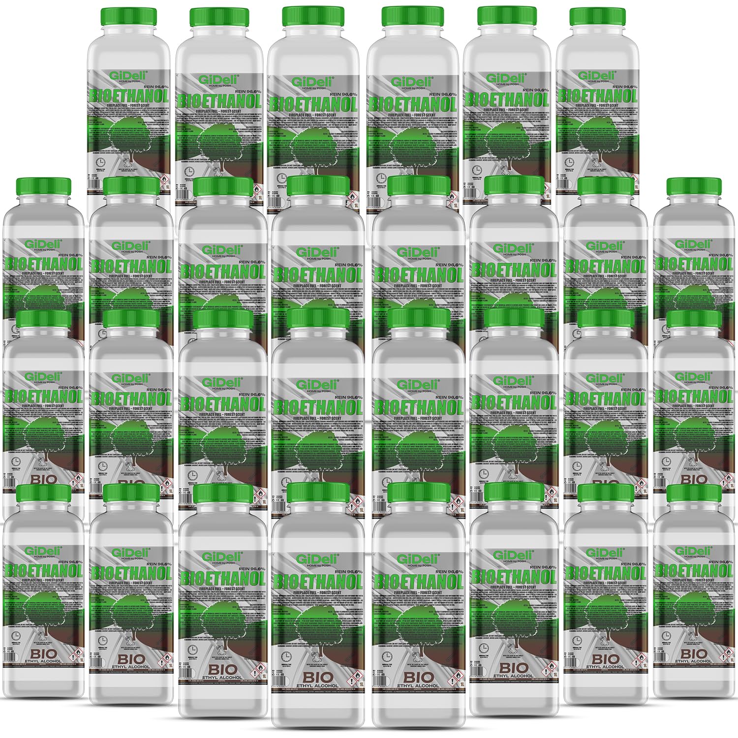 GiDeli Bioetanolo 30 x 1 l profumo forestale 96,6% etanolo per camini interni ed esterni, senza fumo e fuliggine, da mais e barbabietola da zucchero