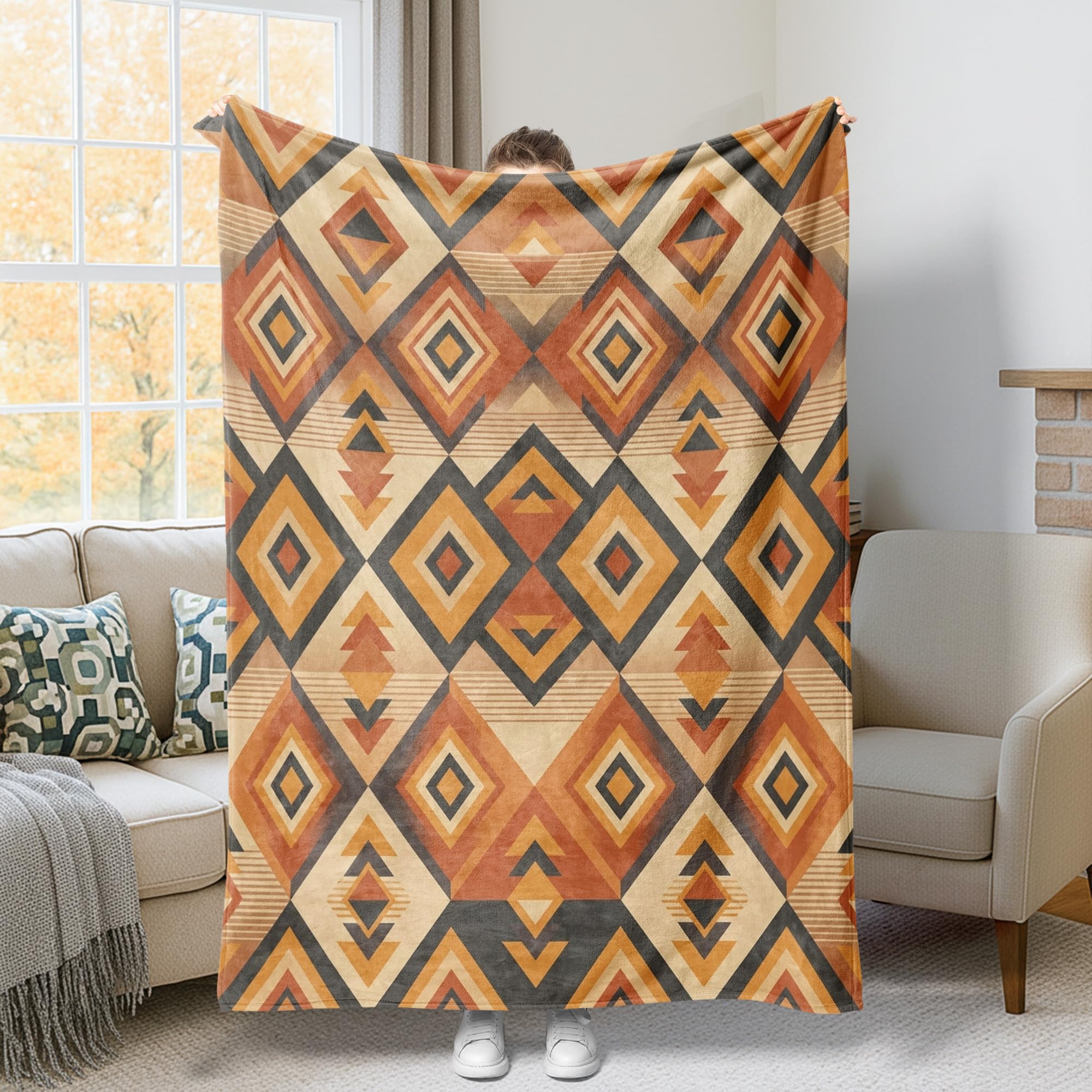 Plaid en flanelle douce et legere orange jetee de lit geometrique a motif losange chaleureux