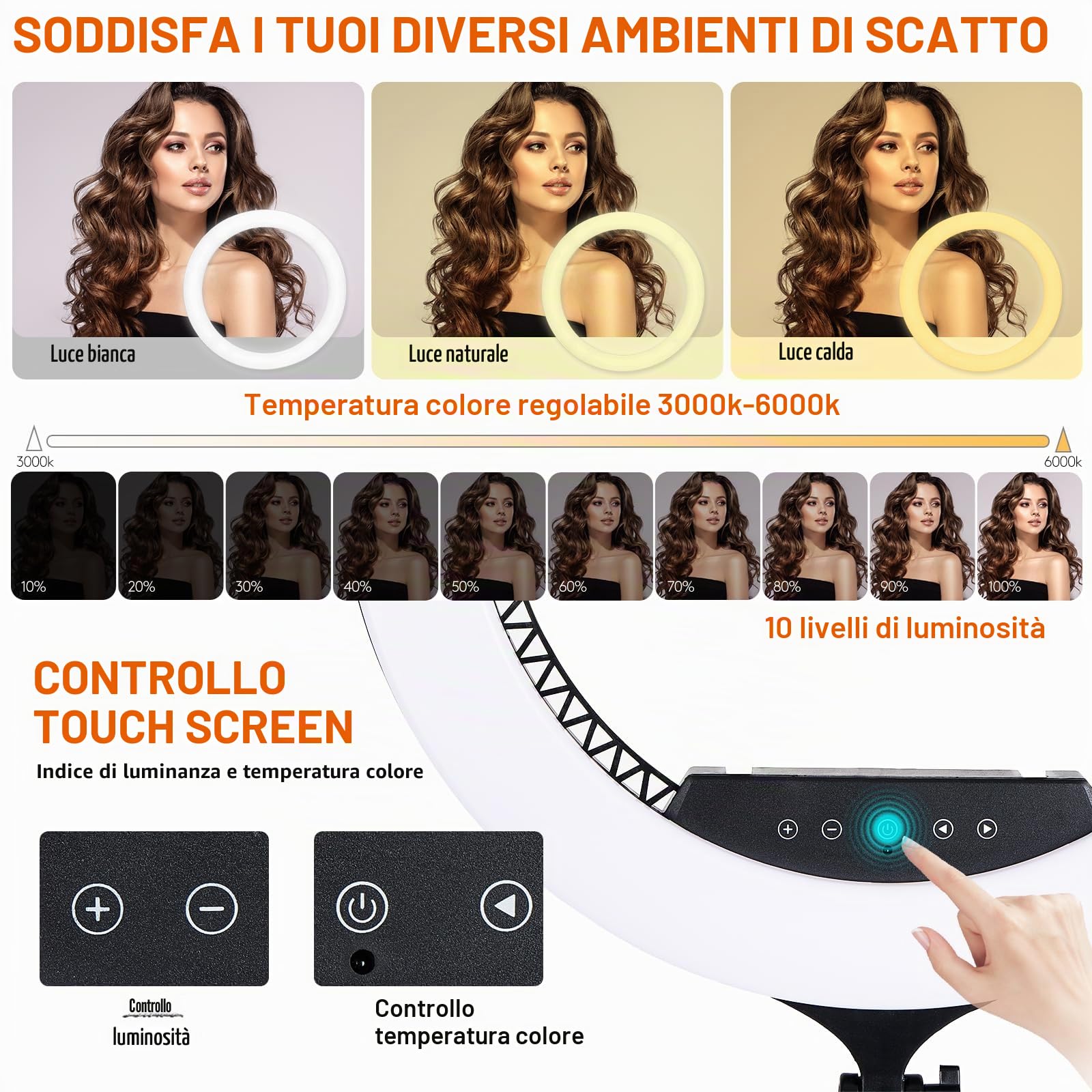 GWO Luce ad anello LED da 53,3 cm con supporto per treppiede 6000K Luce per trucco e selfie dimmerabile con pannello touch Supporti per telefono per YouTube Vlog Ripresa video Include borsa da