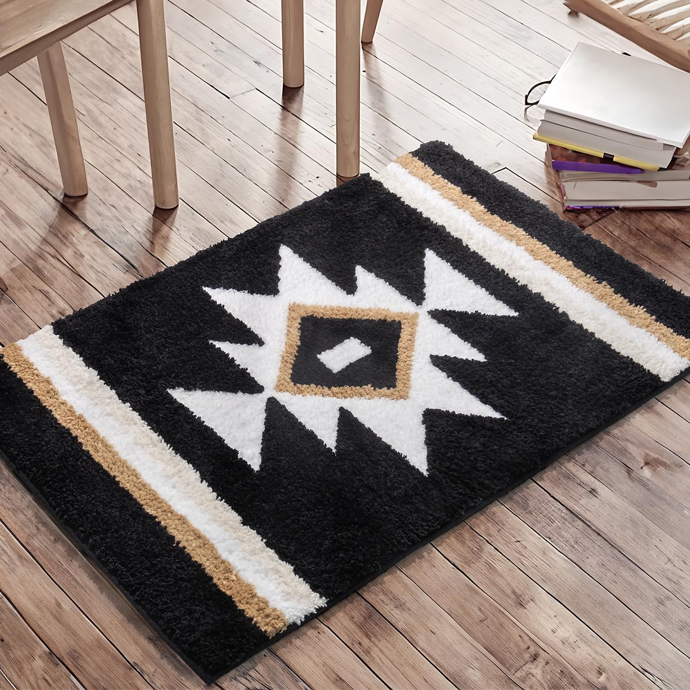 Bathroom Rugs Boho Black Bath Mat Non Slip Soft Absorbent Machine Washable Bath Rug Luxury Plush Floor Mat for Bathroom Shower 20x32