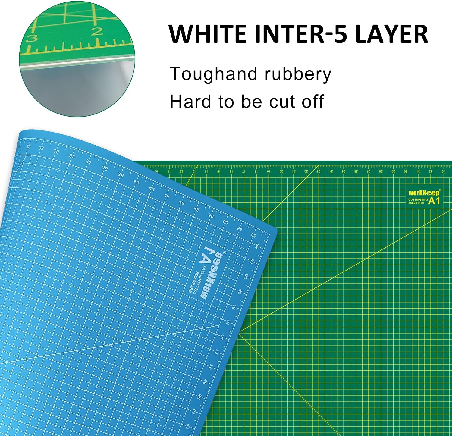 WORKKEEP Large Self-Healing Cutting Mat:24" x 36" Double Sided 5 layers PVC Rectangular cutting Board For Craft & Fabric & Sewing & photo etc Art project(Blue/Green)