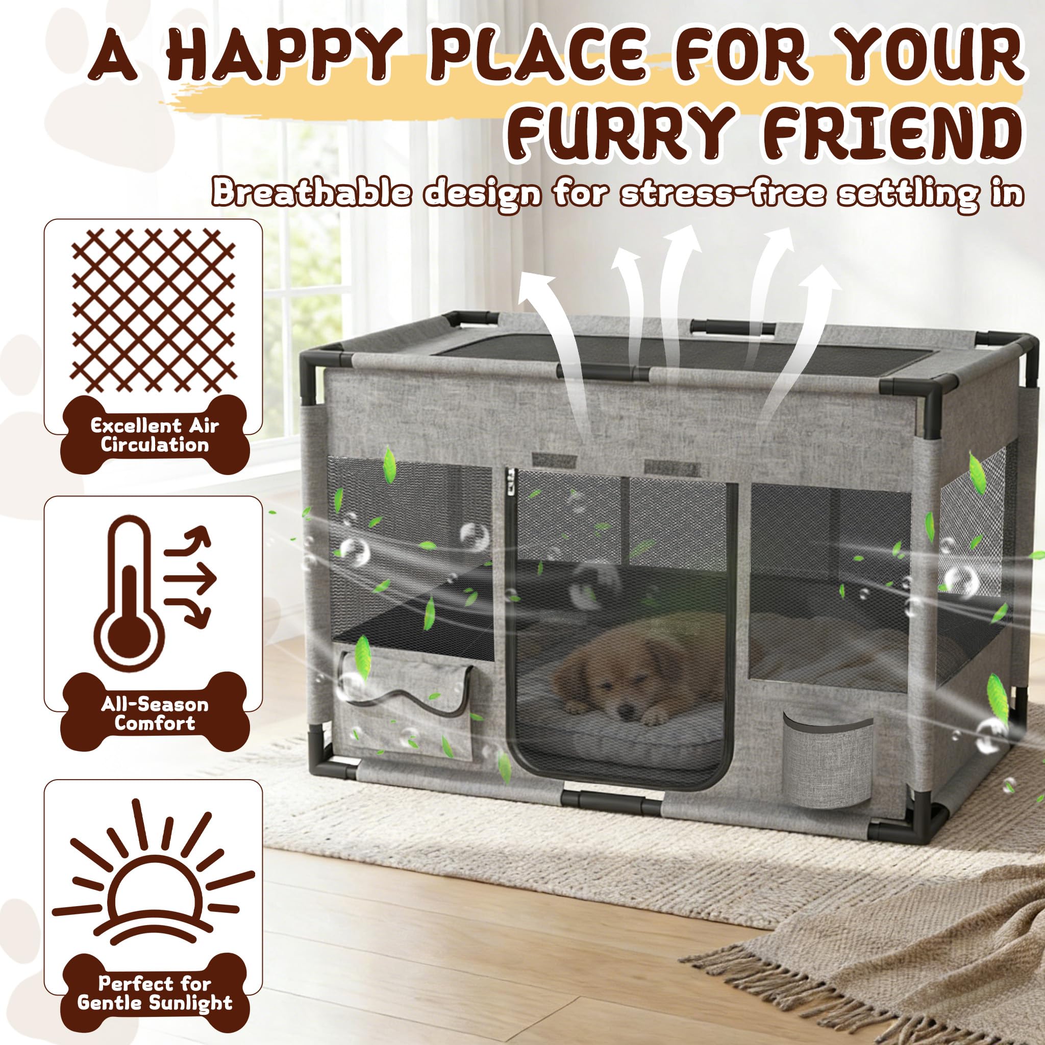 UISEBRT Recinto per cuccioli, in tessuto Oxford, rete traspirante con cerniera e tasca laterale, box per interni per cani e gatti, 85 x 65 x 64,5 cm, rettangolare