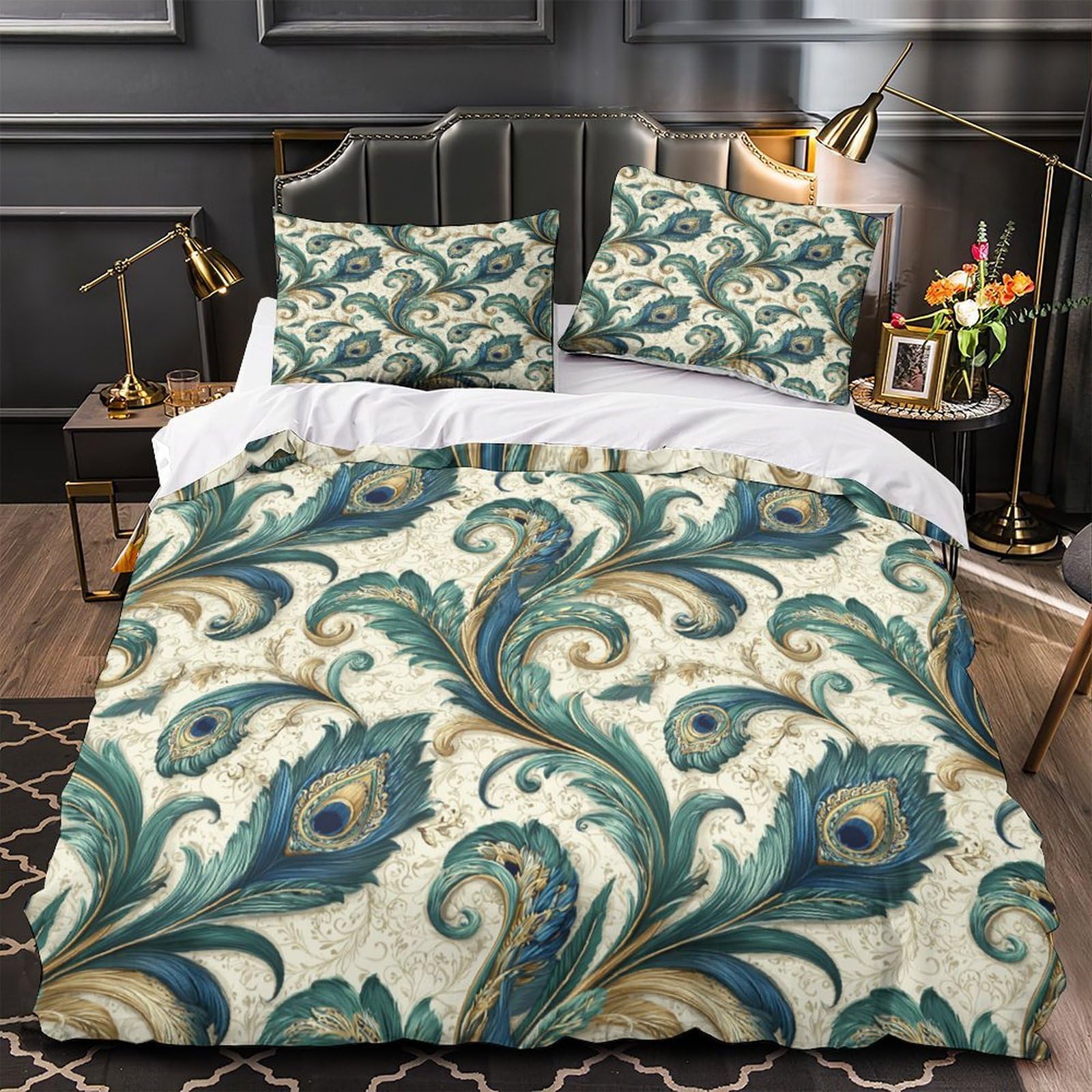 Linge de lit plumes de paon housse de couette 200x200 imprimé 3D avec zip