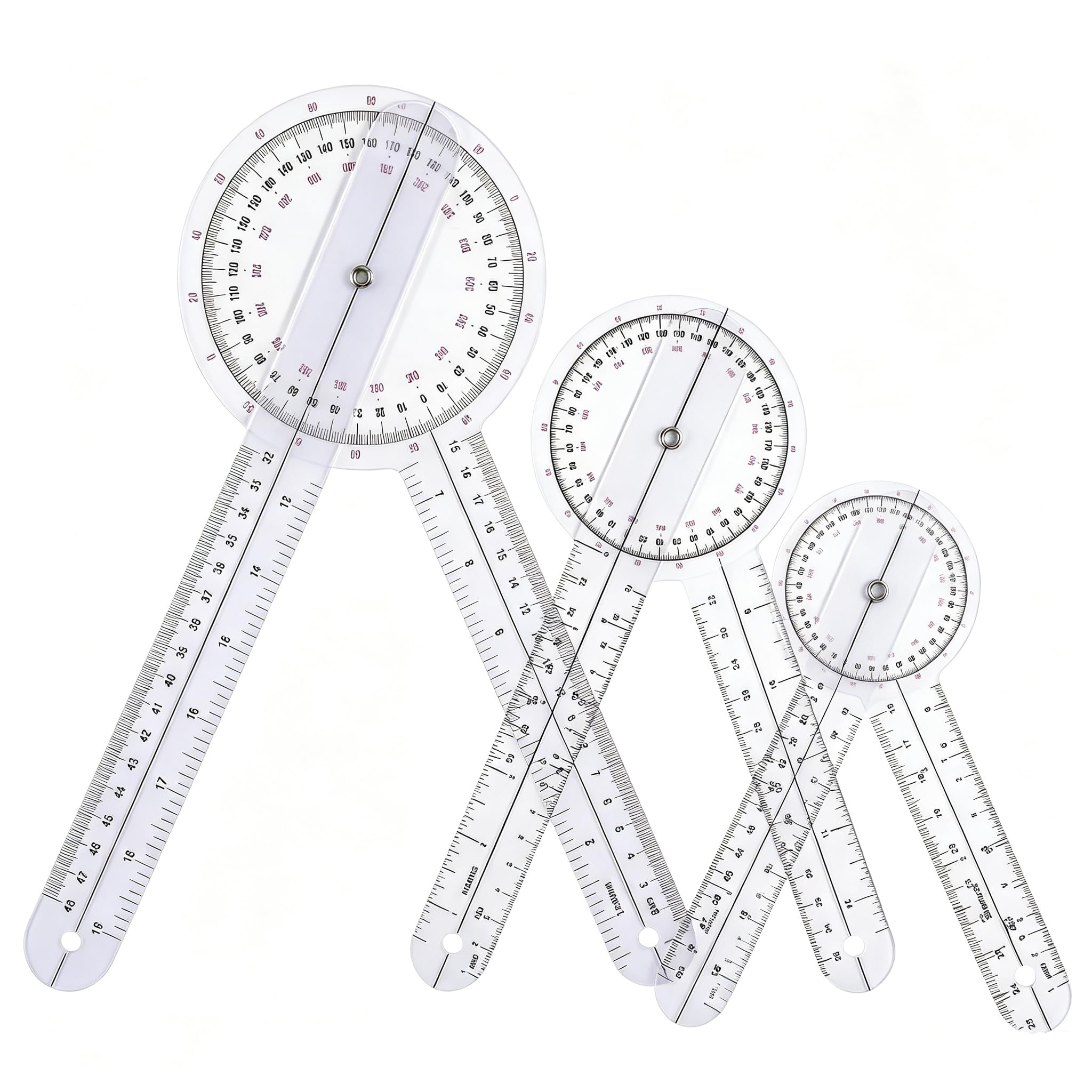 Goniometer Set 3 Pcs - 6/8/12 Inch 360 Degree Protractor for Physical Therapy, Precise Angle Finder & Ruler for Joint ROM Measurement, Clear Plastic Goniometer for Body Assessment