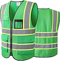 Vista 7 de Chaleco de seguridad reflectante de alta visibilidad para hombres y mujeres con bolsillos y cremallera frontal, cumple con los estándares ANSI/ISEA