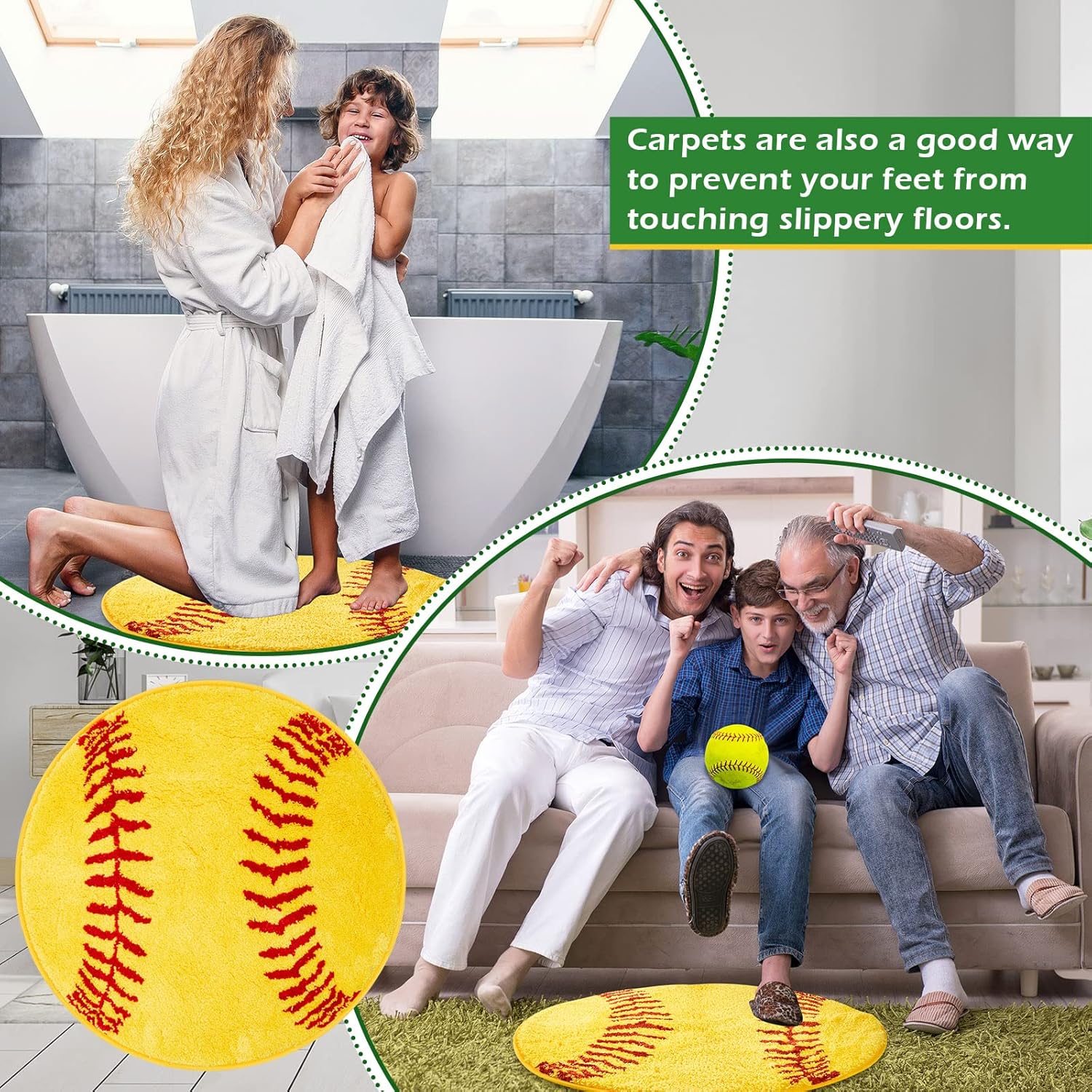 Funtery Softball Rug for Girls Room Decor, Non-Slip Washable Sports Bath Doormat, Plush Absorbent Round Carpet for Teen Bedroom, Bathroom, Locker Room and Nursery(Yellow, 25.5x25.5 Inches, Softball)