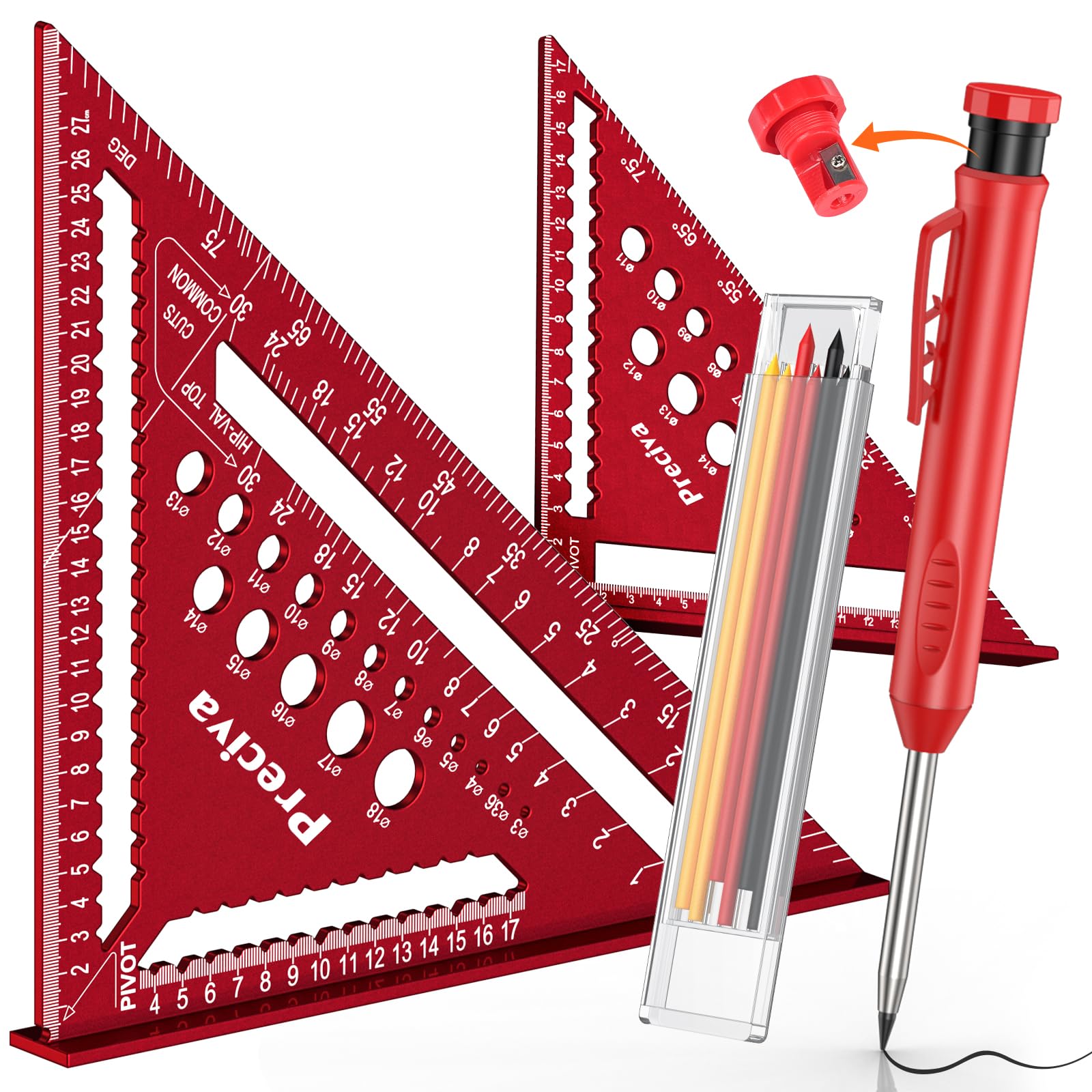 Preciva 2-Piece Speed Square Set, 7 & 12inch Carpenter Square with Pencil, Multifunctional Aluminum Alloy Triangle Ruler for Angle Marking, Drilling Positioning, Height Setting