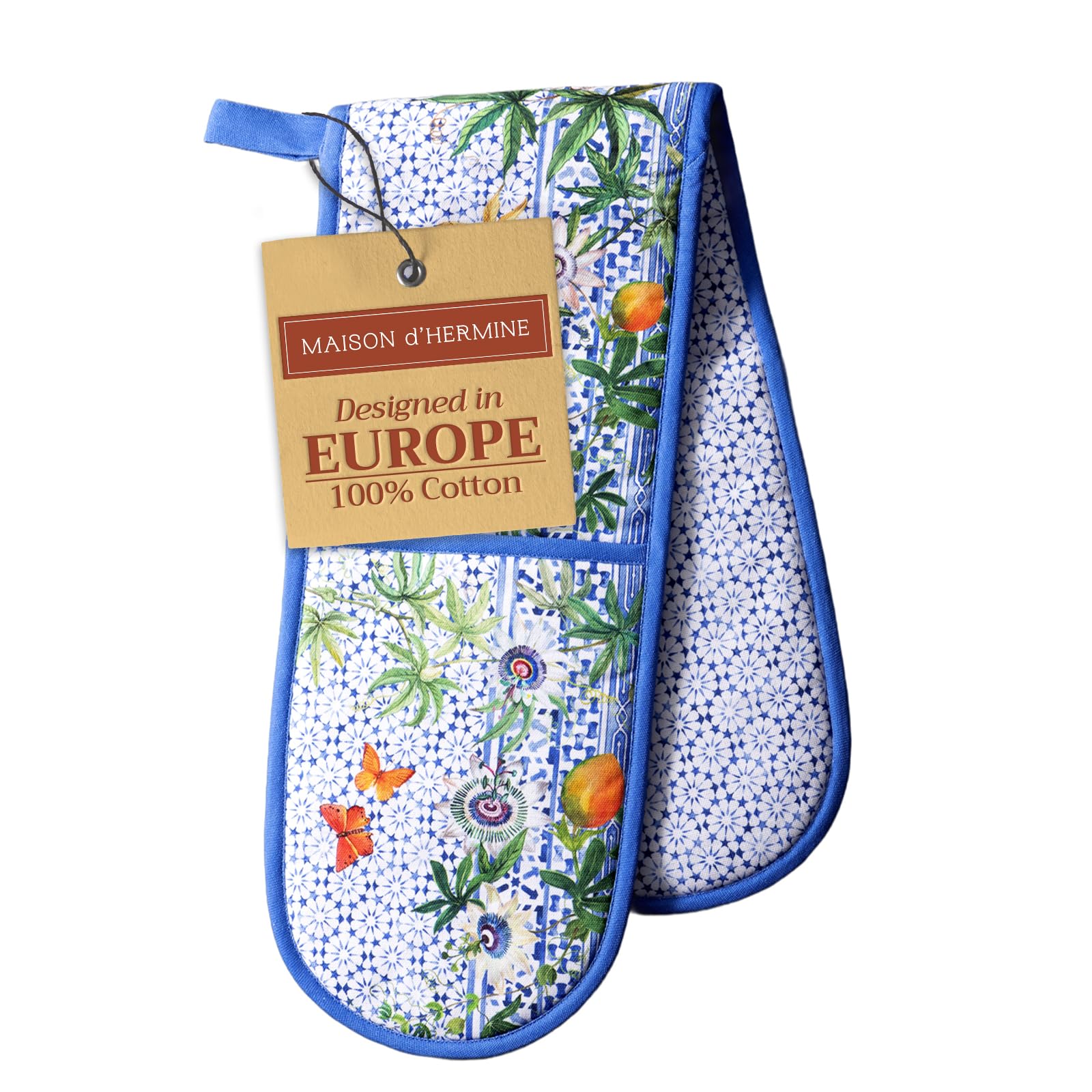 Maison d' Hermine Double Oven Mitts 100% Cotton 7"x35" Double Oven Mitt Heat Resistant BBQ Cooking Gloves with Loop Baking Grilling Kitchen Hotel Home Farmhouse Spring Summer (Passiflora)